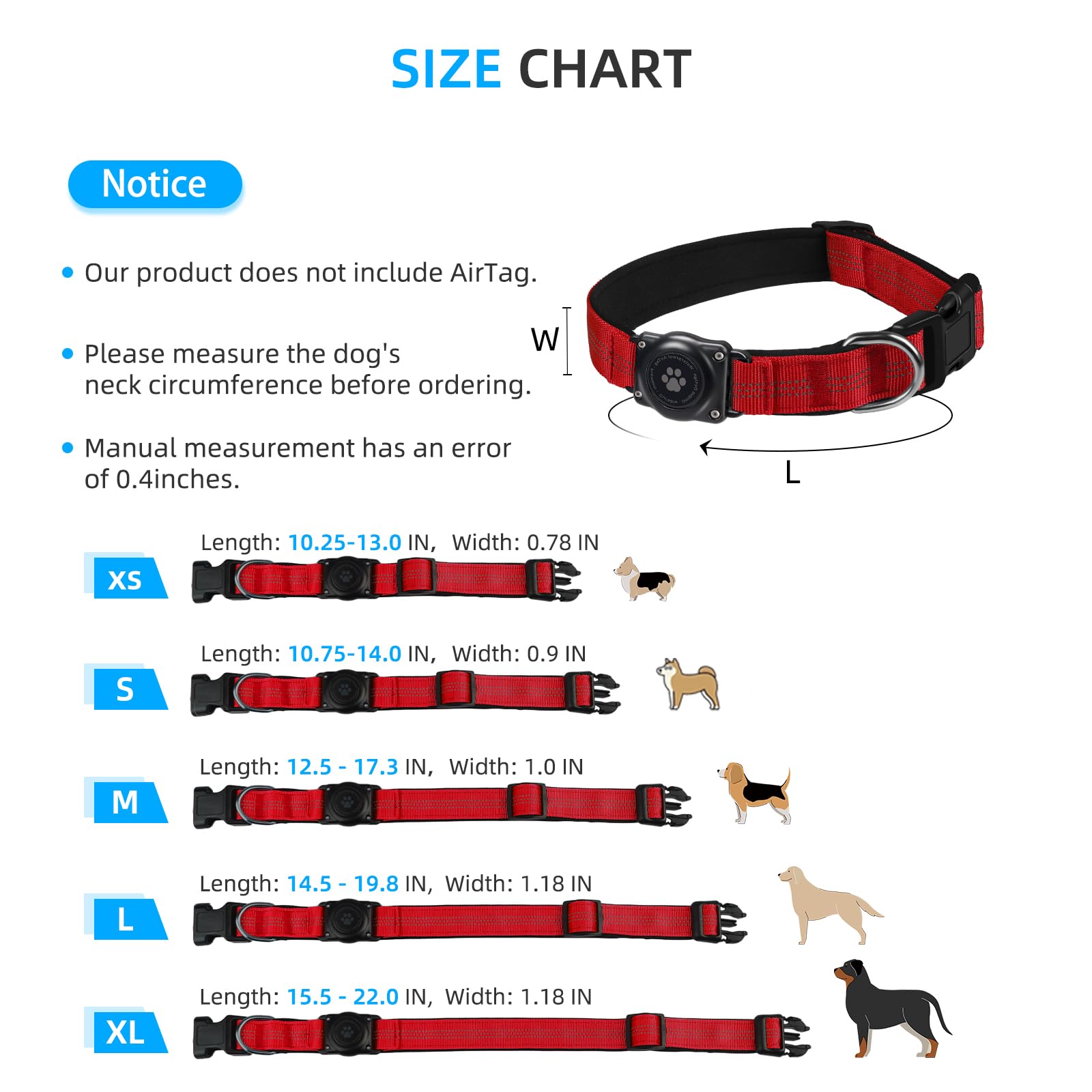 Upgraded Airtag Dog Collar, Ip68 Waterproof Air Tag Dog Collar Holder, Reflective, Ultra-Durable, Comfortable Padded, Heavy Duty Dog Collars For Small Medium Large Dogs (L (14.8'-20.3'), Red)