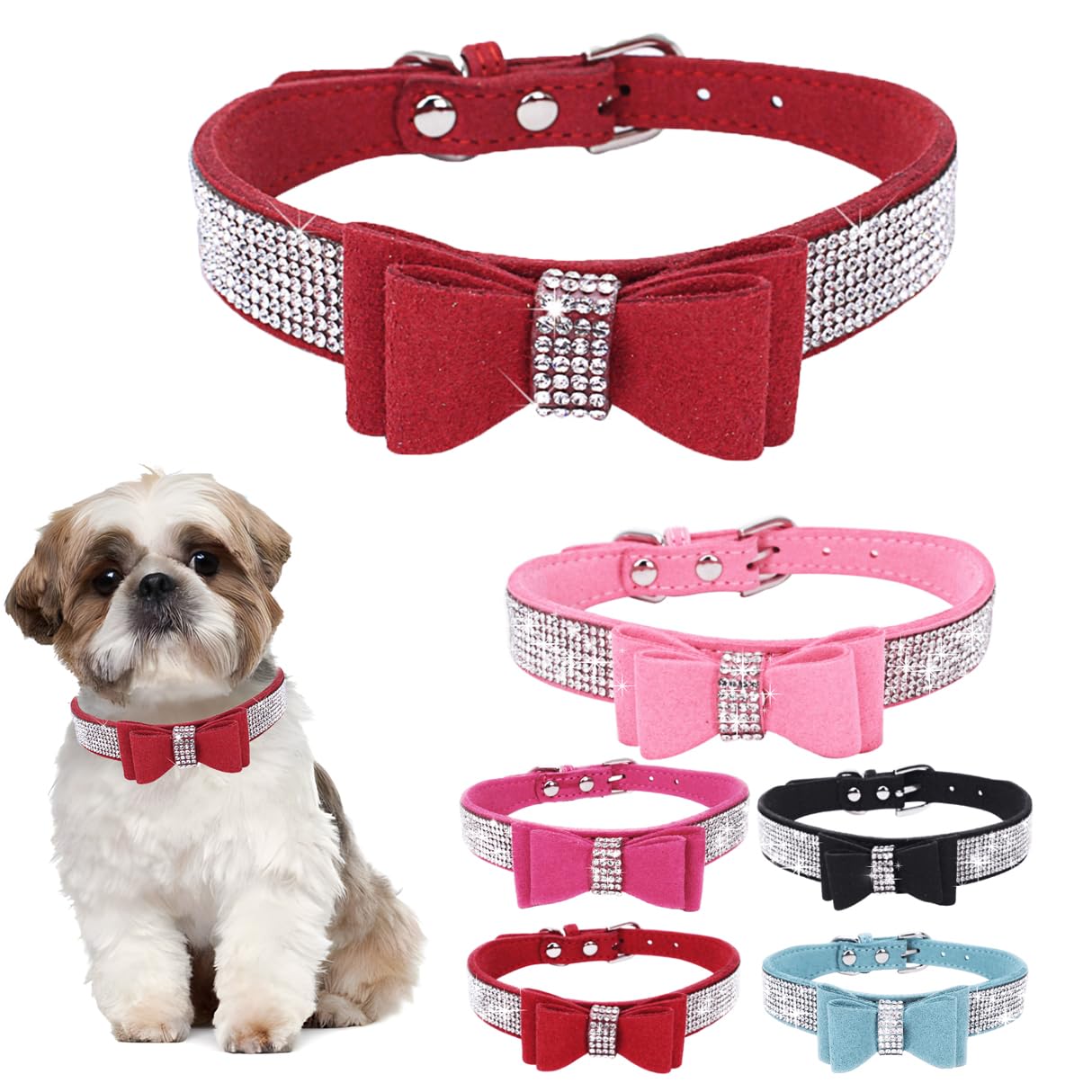 Red Xs Dog Collar With Bowtie, Christmas Rhinestone Dog Collar Crystal Jeweled Pretty Girl Bows Cat Collars Sparkling Glitter Fo