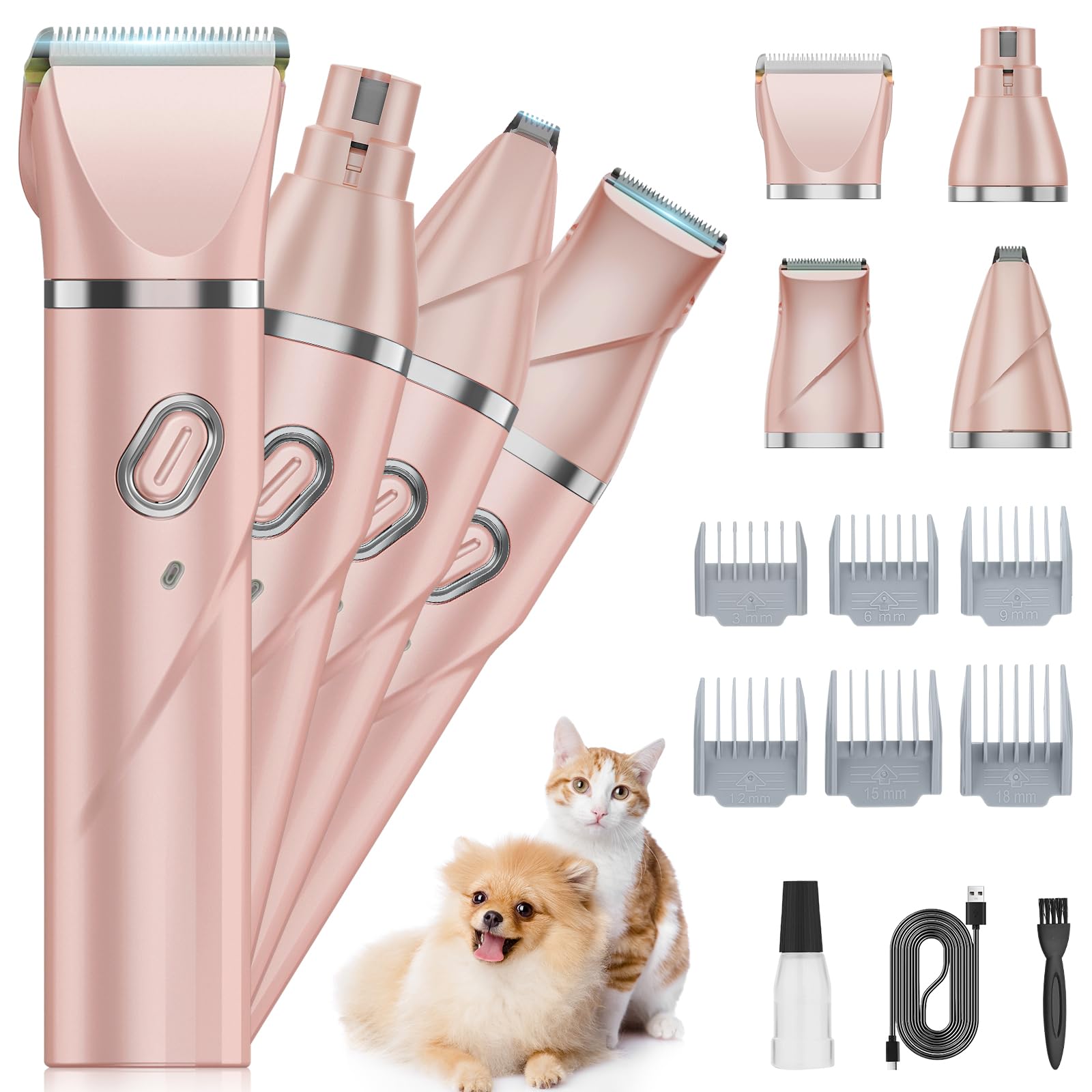 Qreeyx Upgrade Dog Grooming Kit, Cordless Dog Paw Trimmer, 4 In 1 Low Noise Pets Hair Clipper Grooming Kit, 2-Speed Nail Grinder