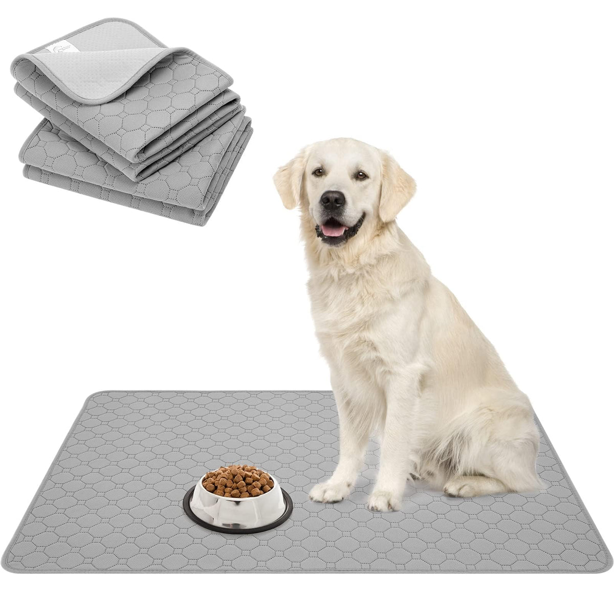 Bingpet Waterproof Dog Food Mat Non-Slip 2 Pcs,35.4' X 23.6' Anti-Slipextra Large Dog Food Mat For 2 Pack Dog Bowls,Absorbent Pet Feeding Mats Washable Pee Pads For Puppies Cats,Bone & Paw Pattern