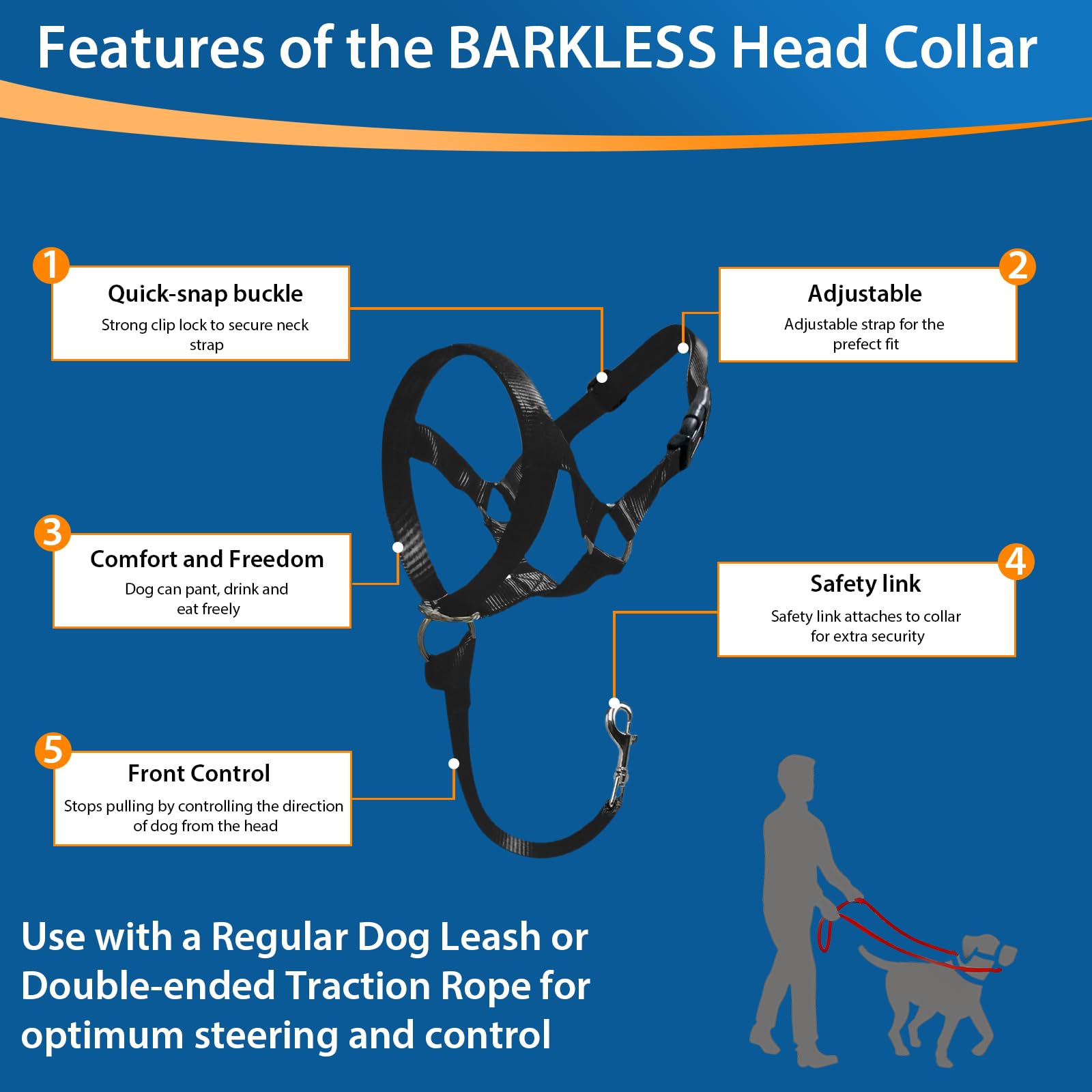 Barkless Soft Dog Head Collar, No Pull Training Tool For Medium Large Dogs On Walks, Gentle Halter For Heavy Pullers, Includes A