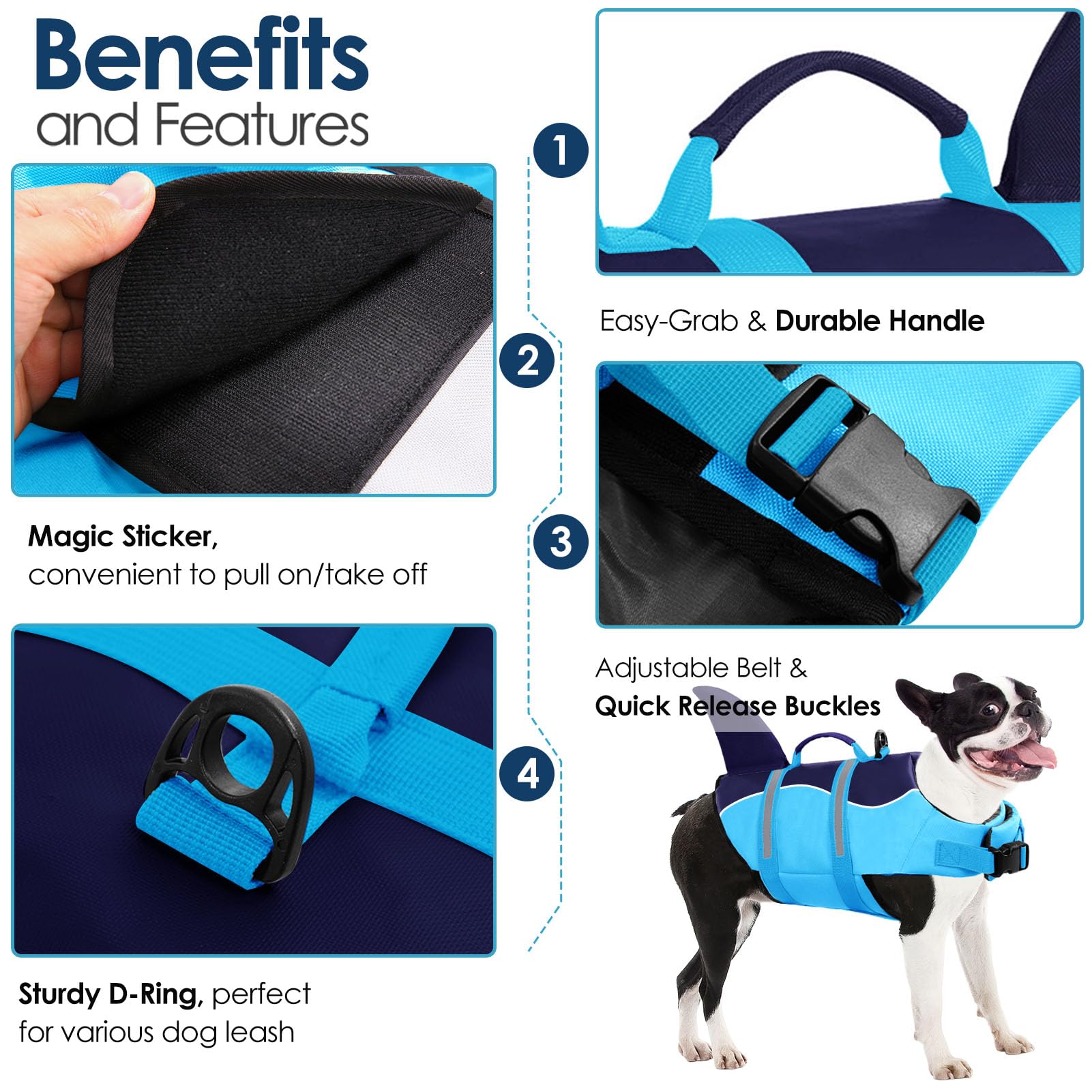 Aofitee Dog Life Vest For Swimming, Shark Dog Life Jacket Large, High Flotation Dogs Swimming Vest With Rescue Handle And Reflec