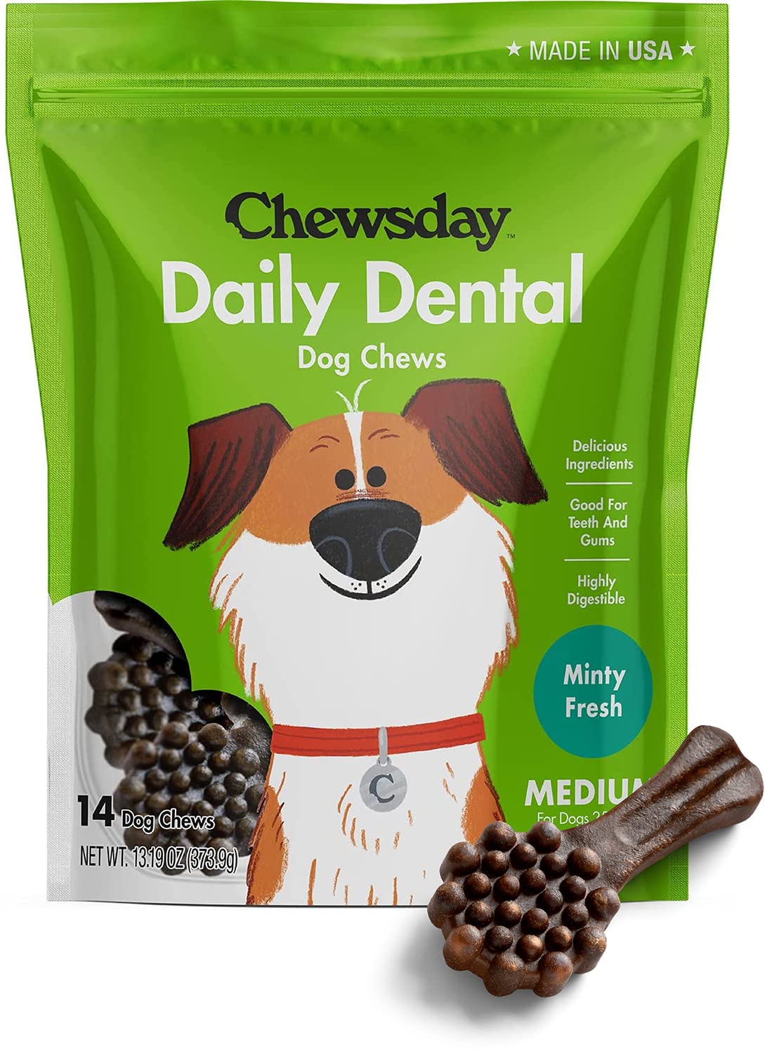 Chewsday Medium Minty Fresh Daily Dental Dog Chews, Made In The Usa, Natural Highly-Digestible Oral Health Treats For Healthy Gums And Teeth - 14 Count