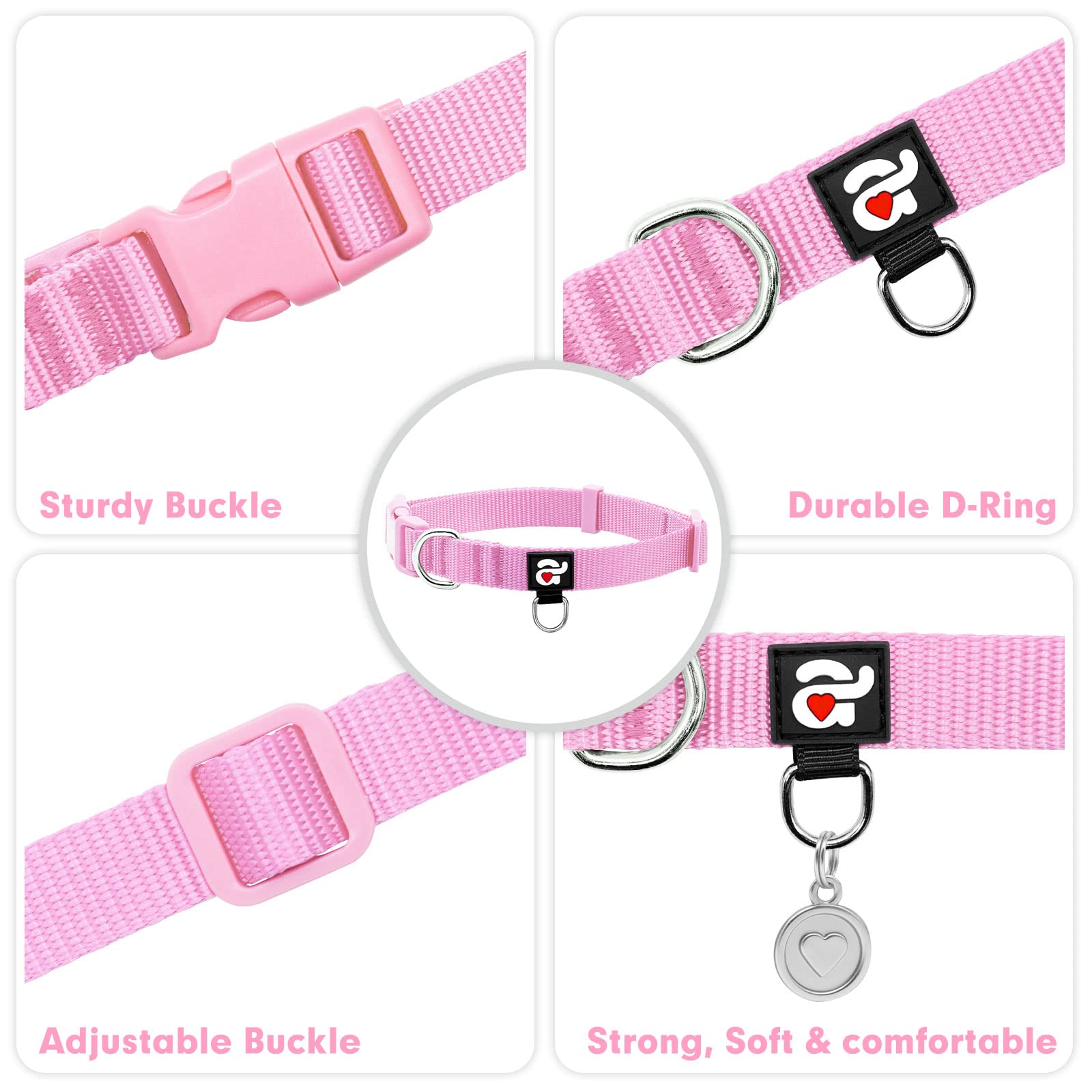 Azuza Nylon Dog Collar And Leash Set, Strong & Durable Basic Style Leash With Easy To Use Collar Hook, Available In Multiple Lengths For Medium Dogs, Pink,M