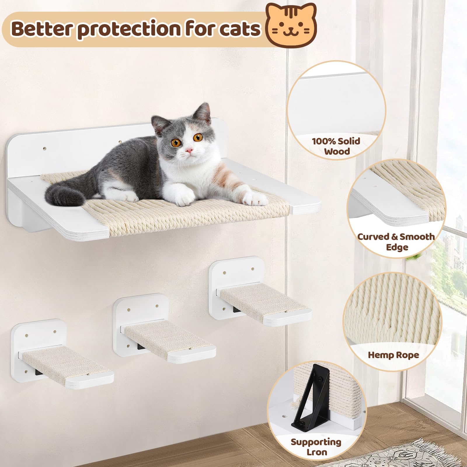 Kitty City Wall-Mounted Cat Hammock & Steps - 3-Level Cat Shelves With Scratching Post & Hemp Rope, Perfect For Indoor Cats