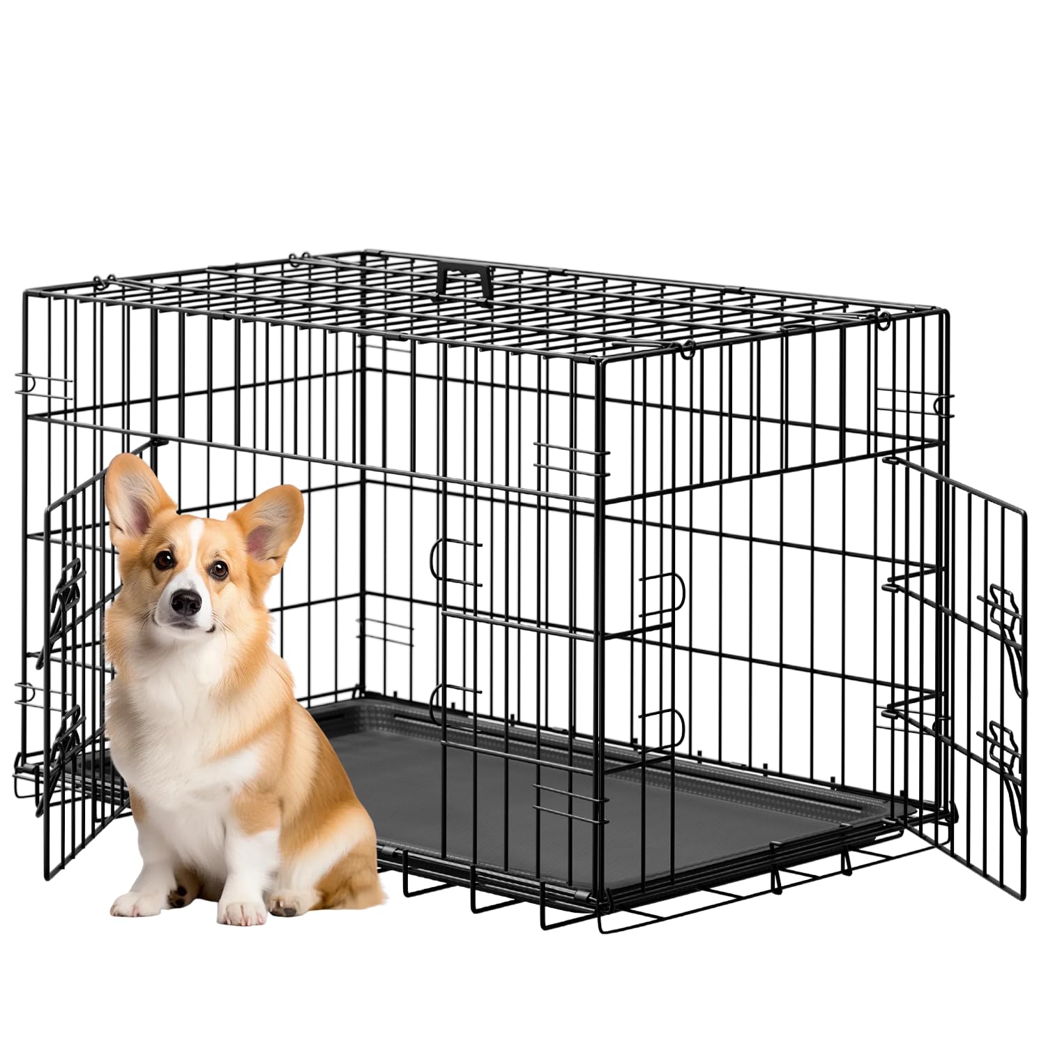 FDW 30inch Dog Crate Pet Cage with Metal Folding Design Plastic Tray Indoor Outdoor Dog Kennel Cage for Small and Medium Dogs,Bl