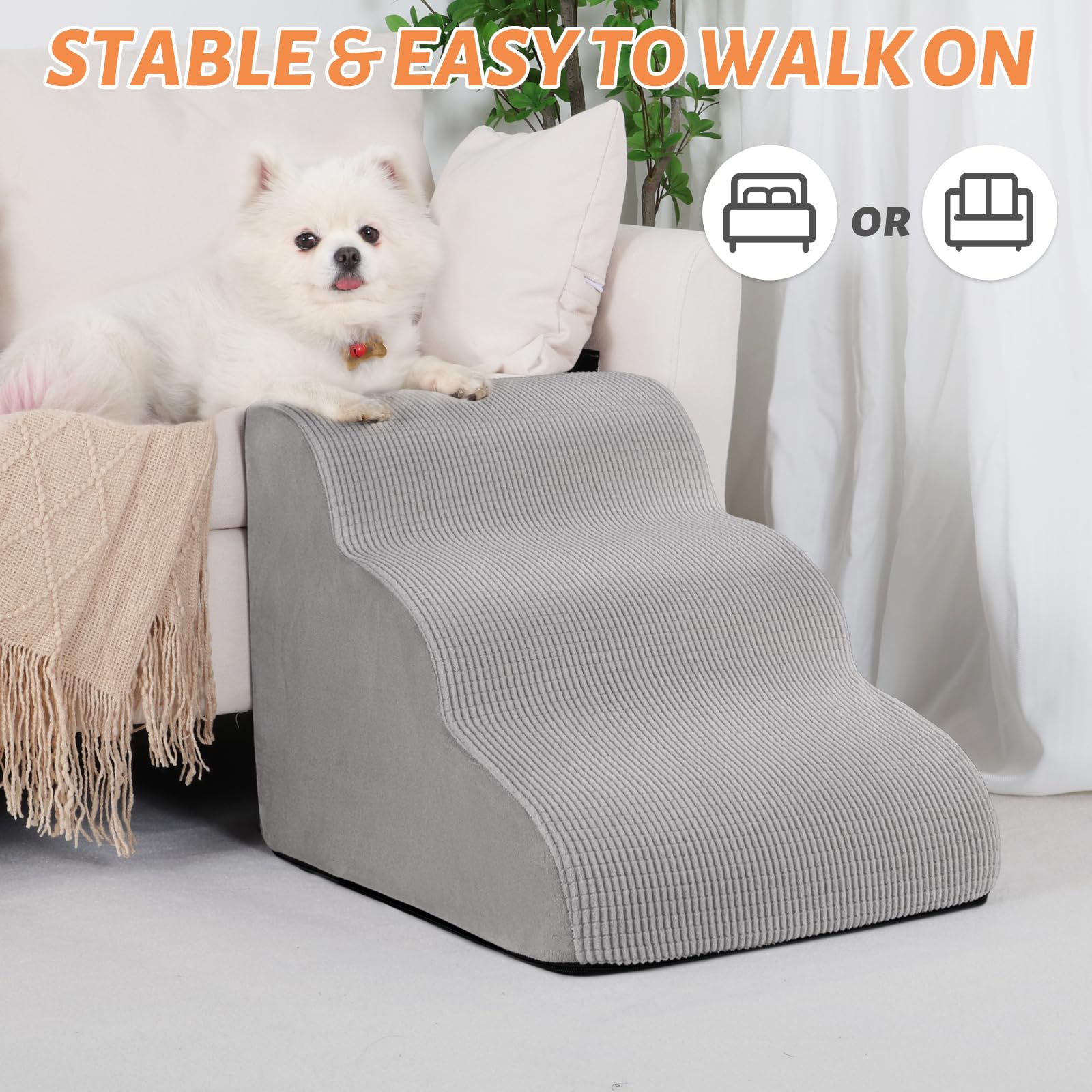 Aodisman 3-Step Dog Ramp and Stairs for Sofa and Chair - Non-Slip Sturdy Pet Steps for Small Dogs and Cats,15.7 H,Light Grey