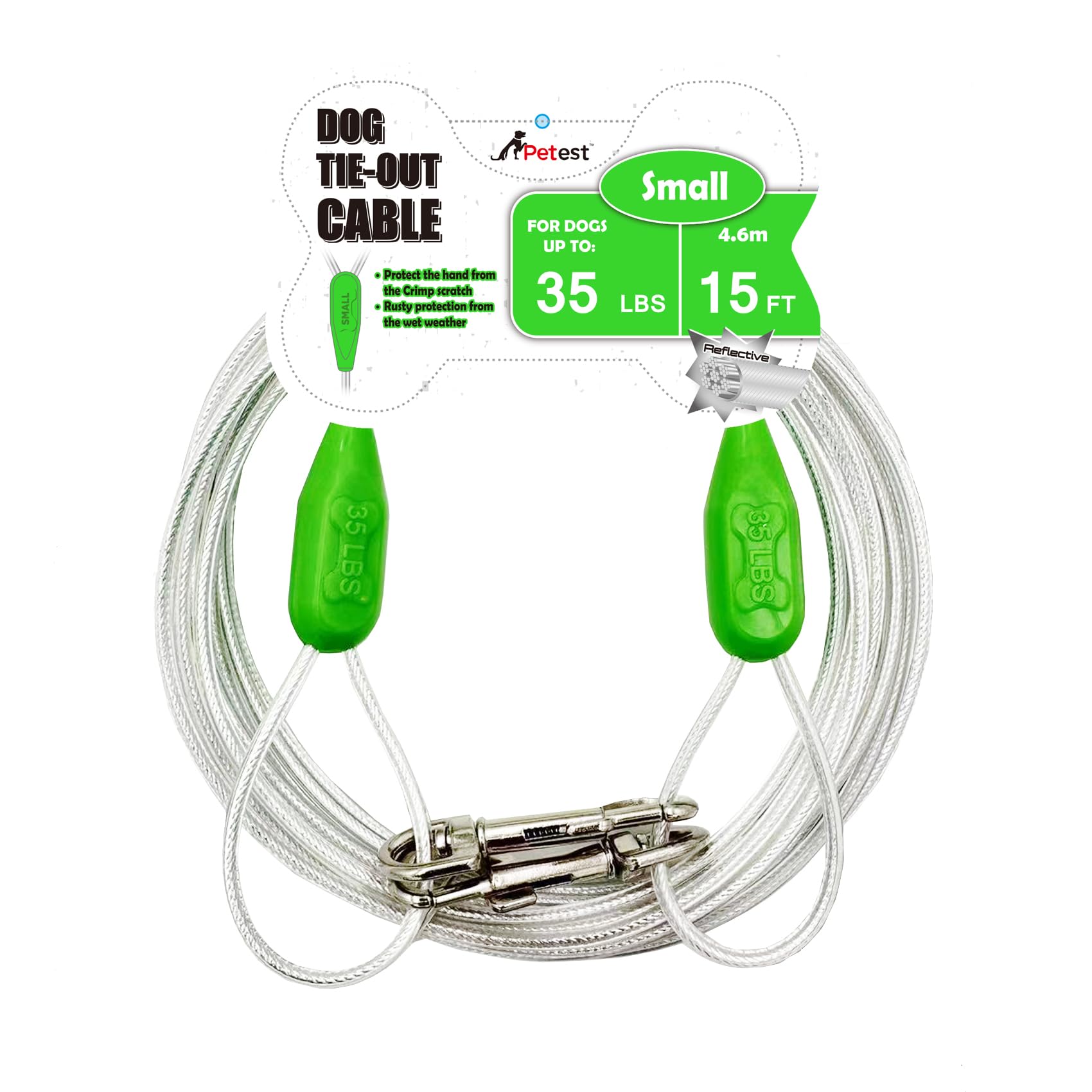 Petest 15Ft Reflective Tie-Out Cable For Small Dogs Up To 35 Pounds