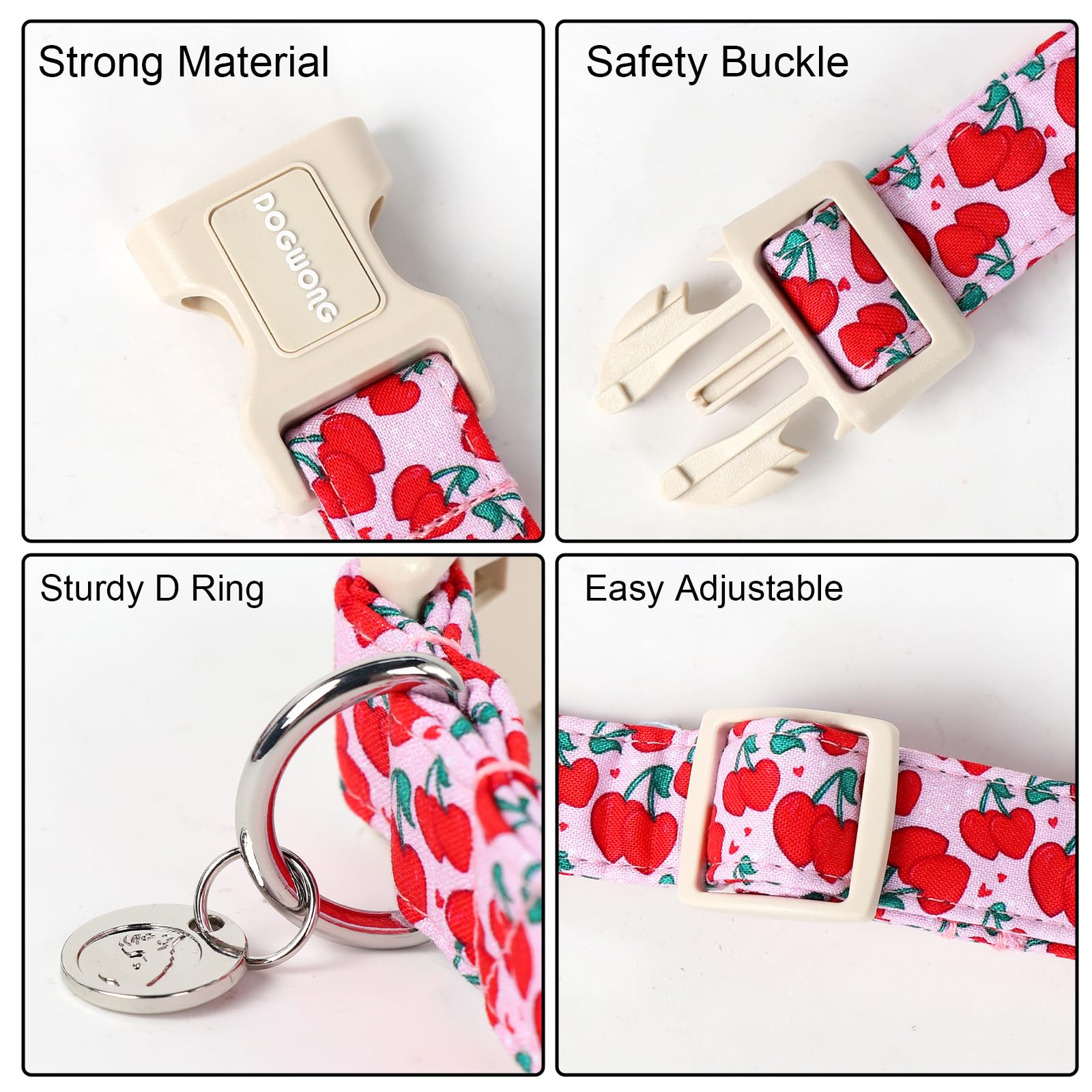 Dogwong Pink Heart Cherry Dog Collar Adjustable Soft Natural Fabric Girl Pet Dog Collar Cute Heart Valentine Puppy Necklace For