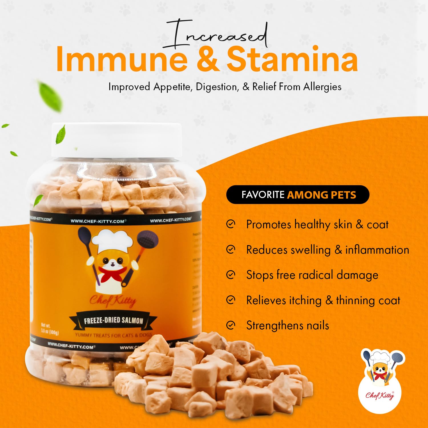 Chef Kitty Freeze Dried Salmon Cat Treats, Grain-Free, High Protein, 2.6 oz - 100% Wild Caught Salmon, No Additives or Preservatives