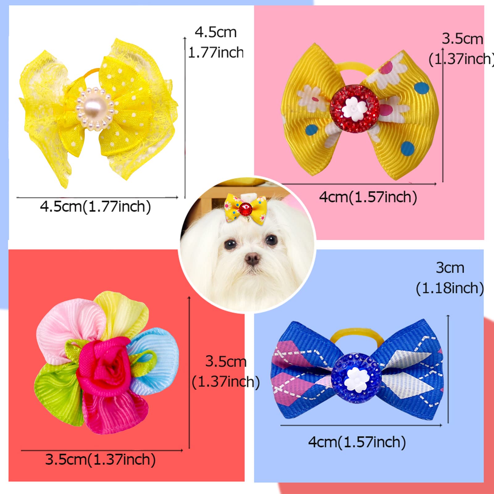 Mruq Pet 100Pcs Dog Hair Bows, Bulk Pet Small Dog Bows Girl With Rubber Bands, Tiny Dog Hair Grooming Bows, Mix Dainty Puppy Dog