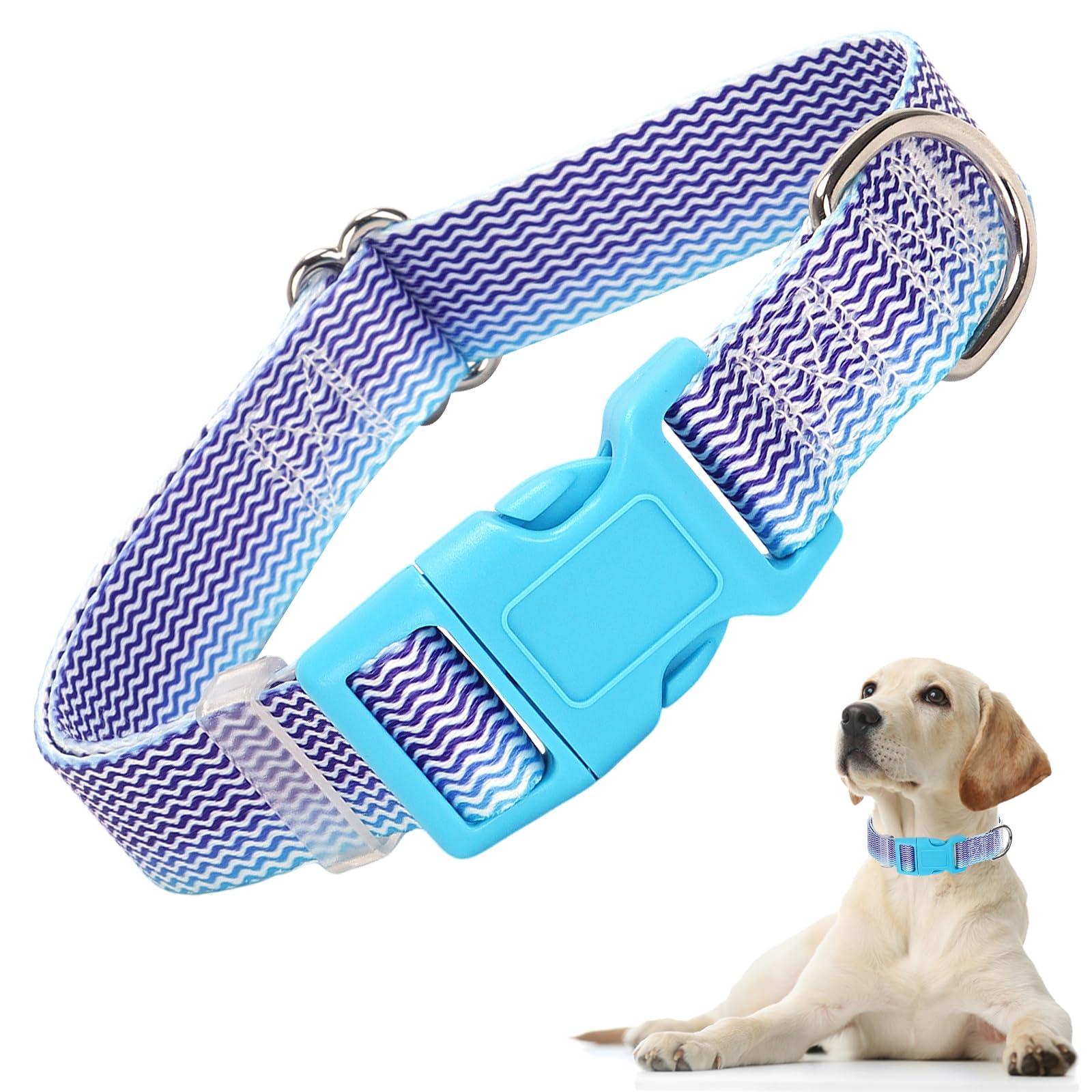 Boy Dog Collar For Puppy Small Dogs, Cute Blue Dog Collar With Waves Patterns, Adjustable Heavy Duty Nylon Collar With Quick-Rel