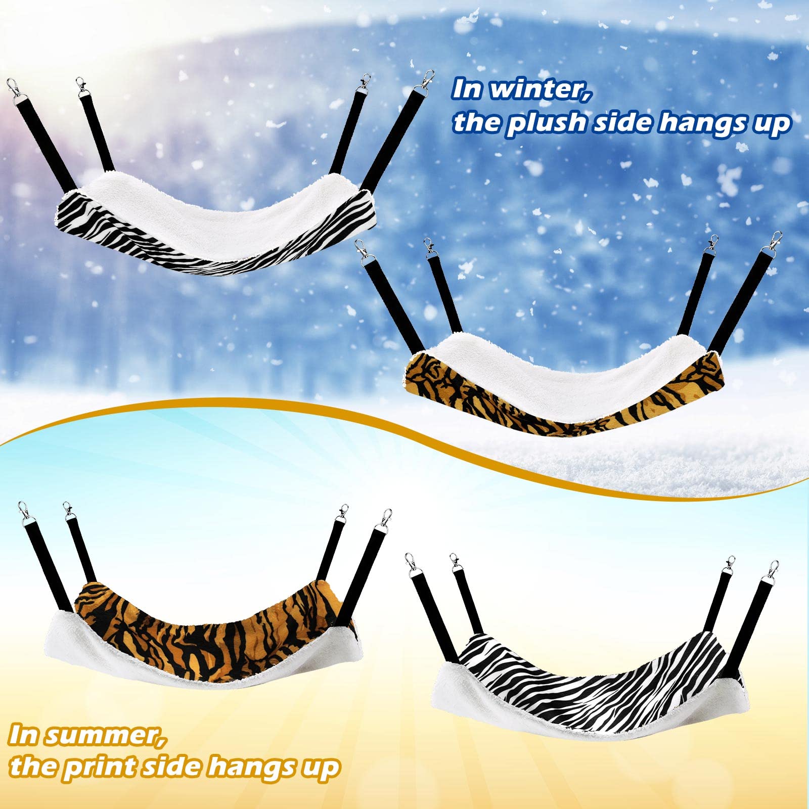 2 Pieces Reversible Cat Hanging Hammock Soft Breathable Pet Cage Hammock With Adjustable Straps And Metal Hooks Double-Sided Hanging Bed For Cats Small Dogs Rabbits (Zebra, Tiger Stripes, L)