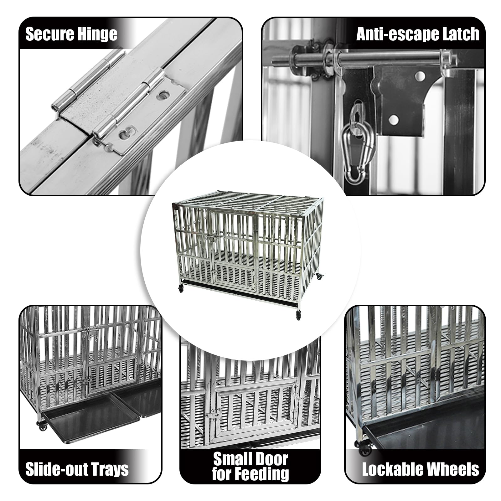Confote 47 Inch Heavy Duty Stainless Steel Dog Cage Indestructible High Anxiety Indestructible And Escape-Proof Dog Crate Kennel