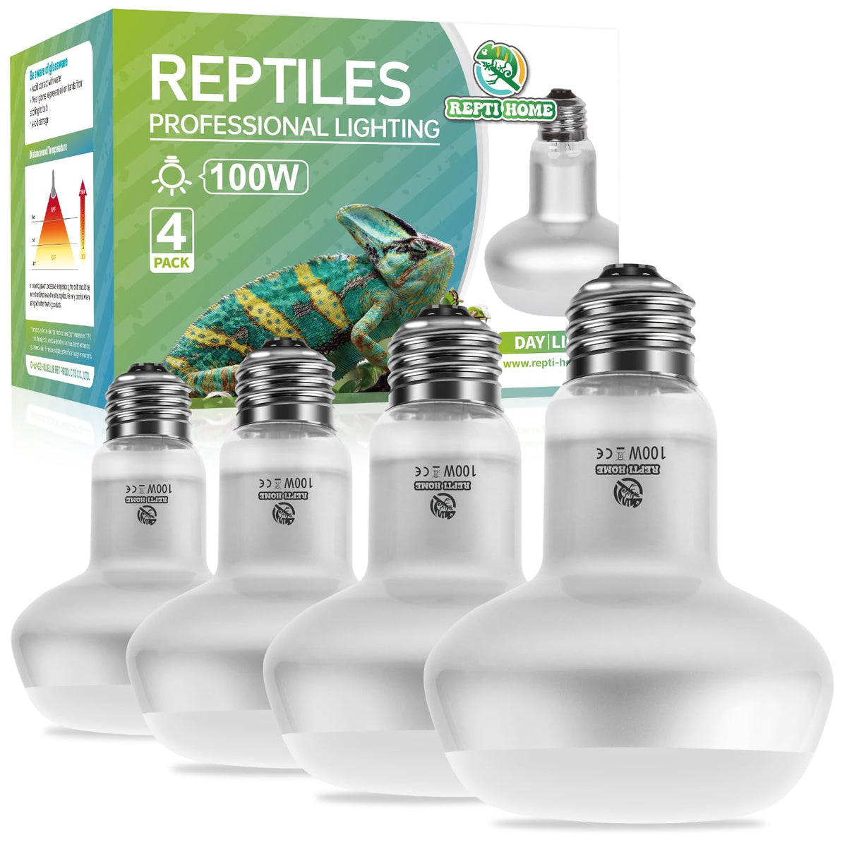 REPTI HOME Intense Reptile Heat Lamp Bulbs - 100W 4 Pack, Reptiles & Amphibians UVA Basking Spot Lamp Bulb,Simulate Natural Sunl