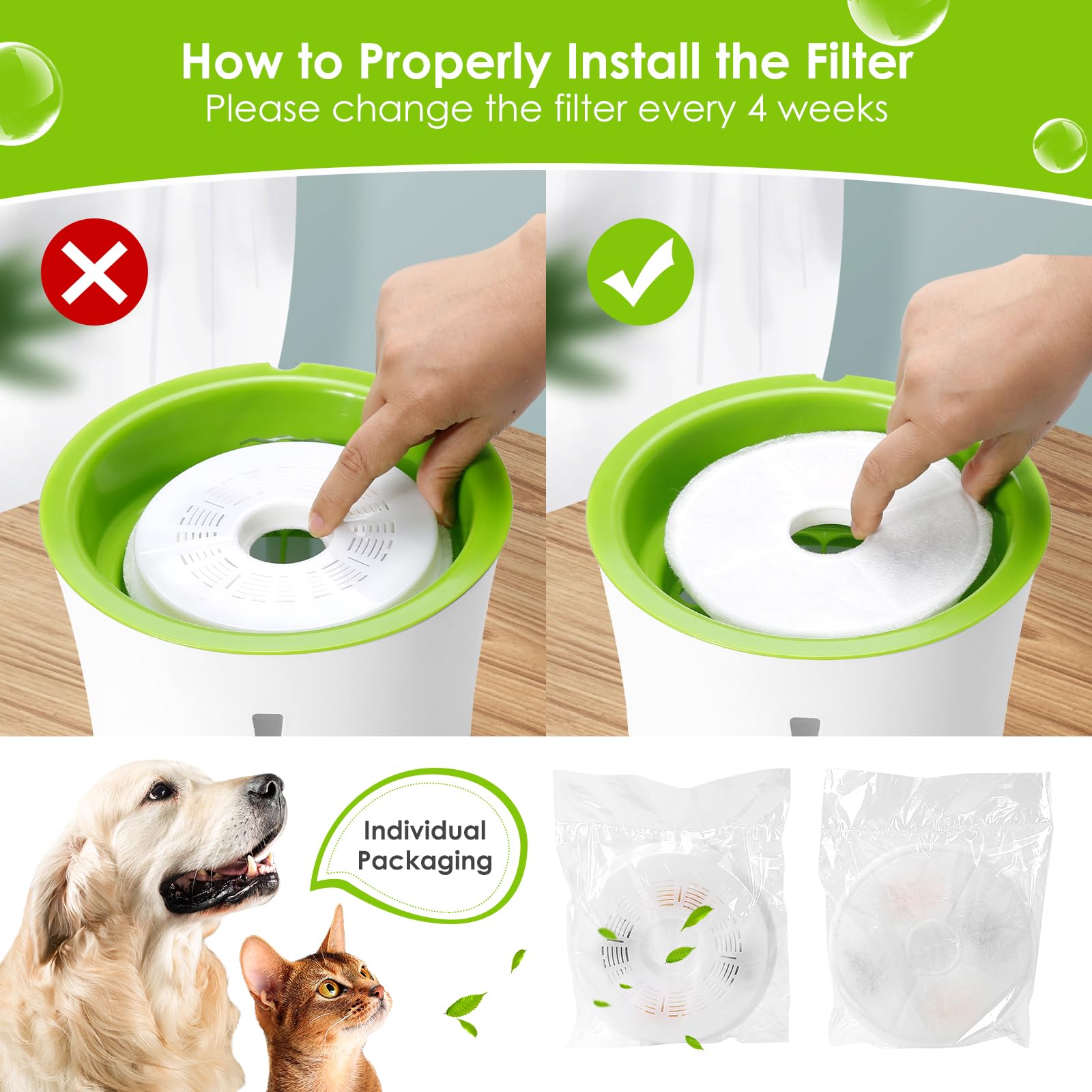 Cat Water Fountain Filters, 6 Pack Triple Action Water Fountain Filters, Replacement Cat Drinking Fountain Filters, Activated Carbon Filter Compatible With 3L Flower Pet Water Dispenser Fountain