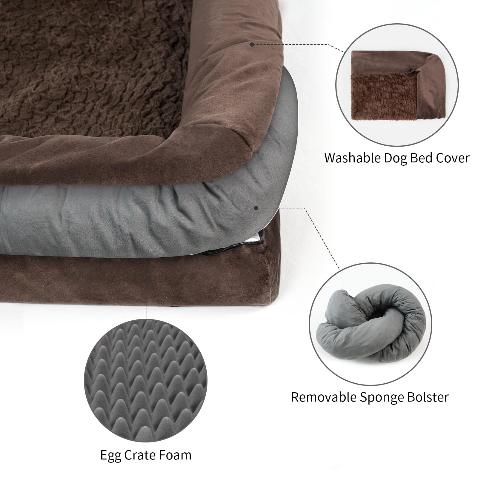 Yiruka Large Dog Bed, Brown Orthopedic Dog Bed, Waterproof Dog Bed With Removable Cover, 4-Sides Removable Bolster Dog Soft Sofa Bed With Nonskid Bottom, Washable Dog Beds For Large Dogs