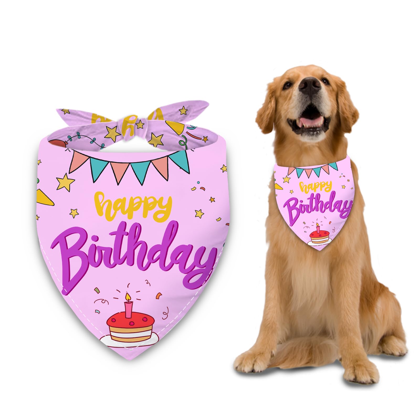 Liboom - Happy Birthday Dog Bandana Washable Pets Scarf Triangle Adjustable Handkerchief, Double Sided Printing, Pink, Cake Ball