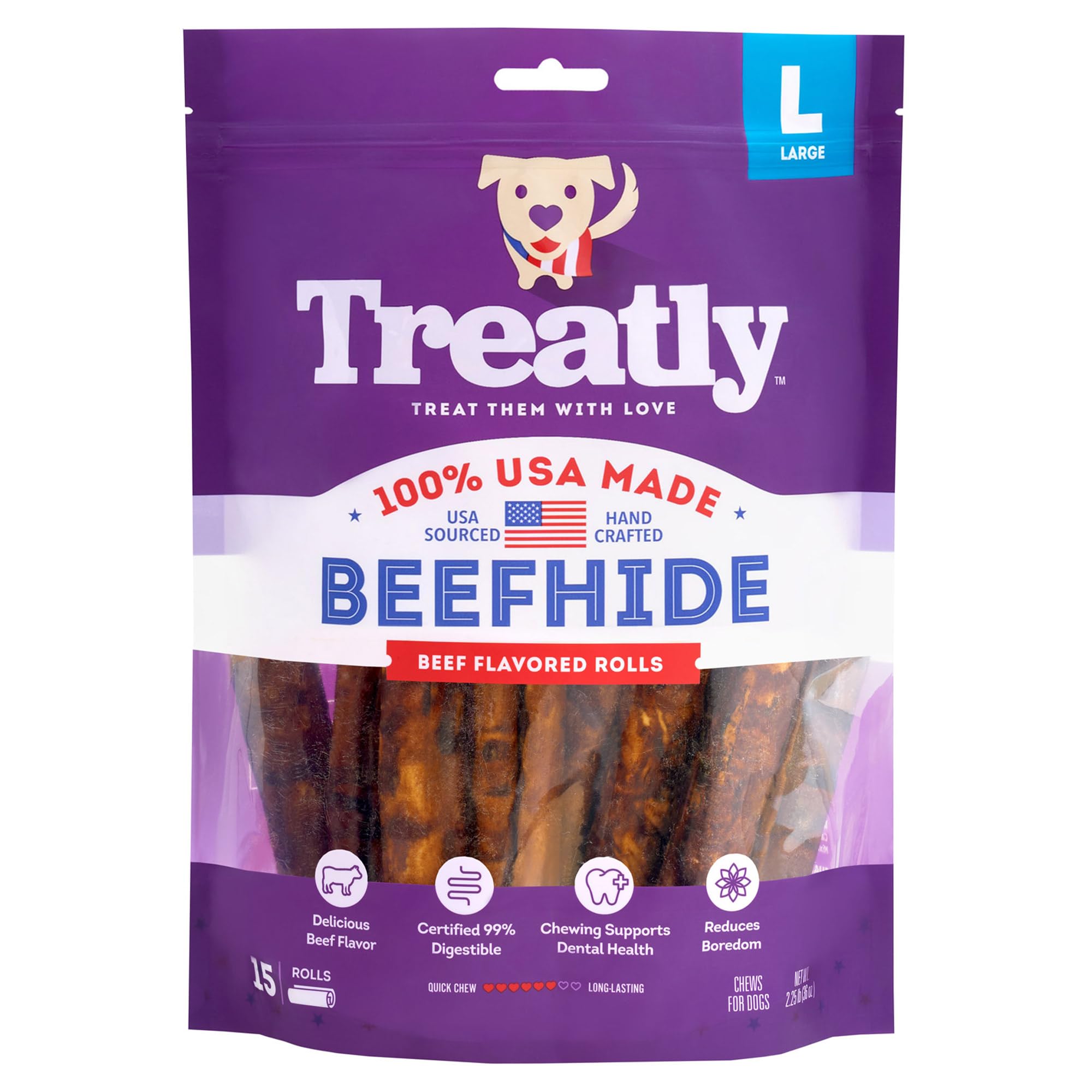 Treatly USA Beefhide Rolls 8-9 Dog Chew Treats - Beef Flavor, 15 Count/1 Pack