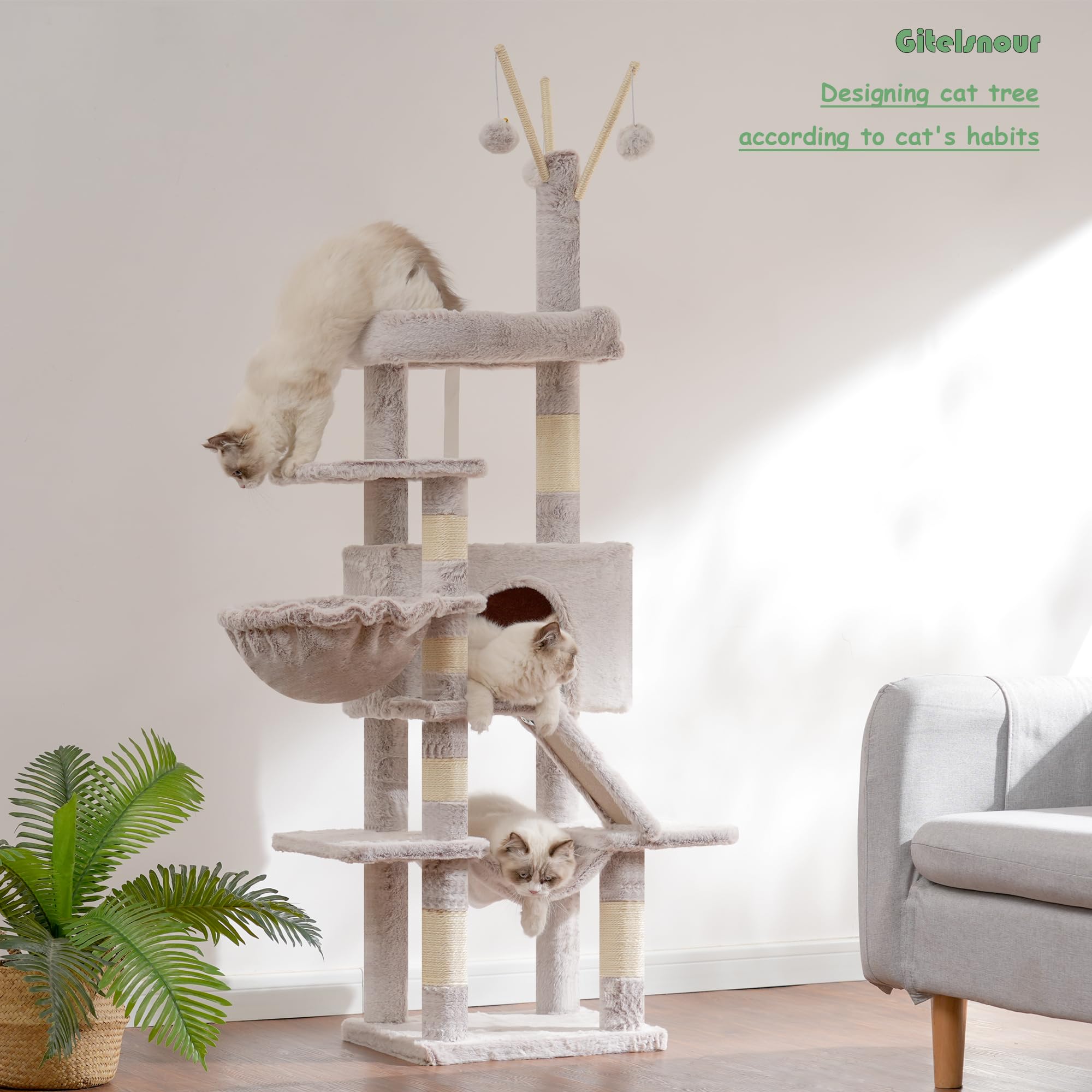 Gitelsnour Cat Tree, 63 Inch Multi-Level Cat Tower For Indoor Cats, Cat Condo With Cat Scratching Post And Board, Cat Hammock, M