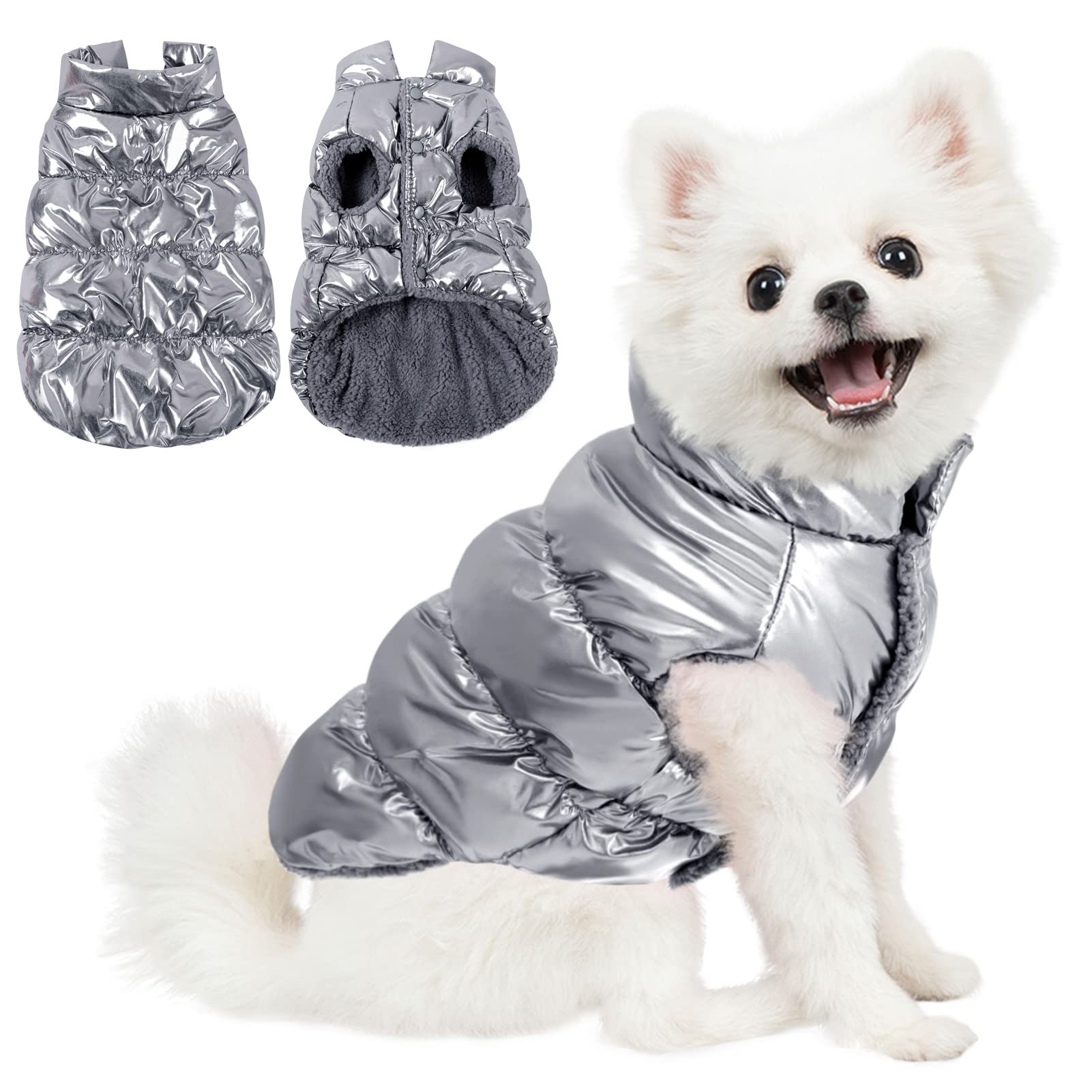 AOFITEE Dog Coat - Waterproof & Warm Winter Jacket for Small & Medium Dogs, Fleece Lined, Silver
