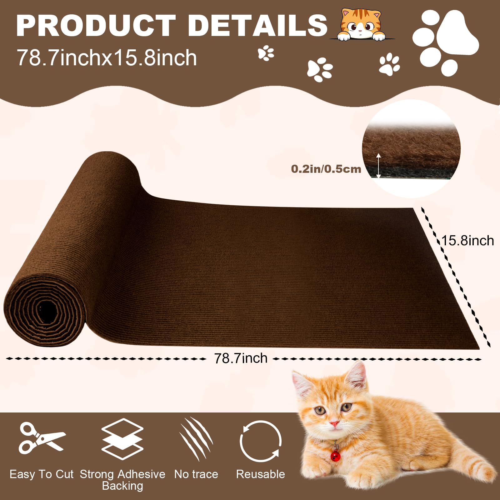 Cat Scratch Furniture Protector 78.7''X15.8'' Cat Scratching Mat, Trimmable Self-Adhesive Cats Claws Scratch Pads, Climbing Scra