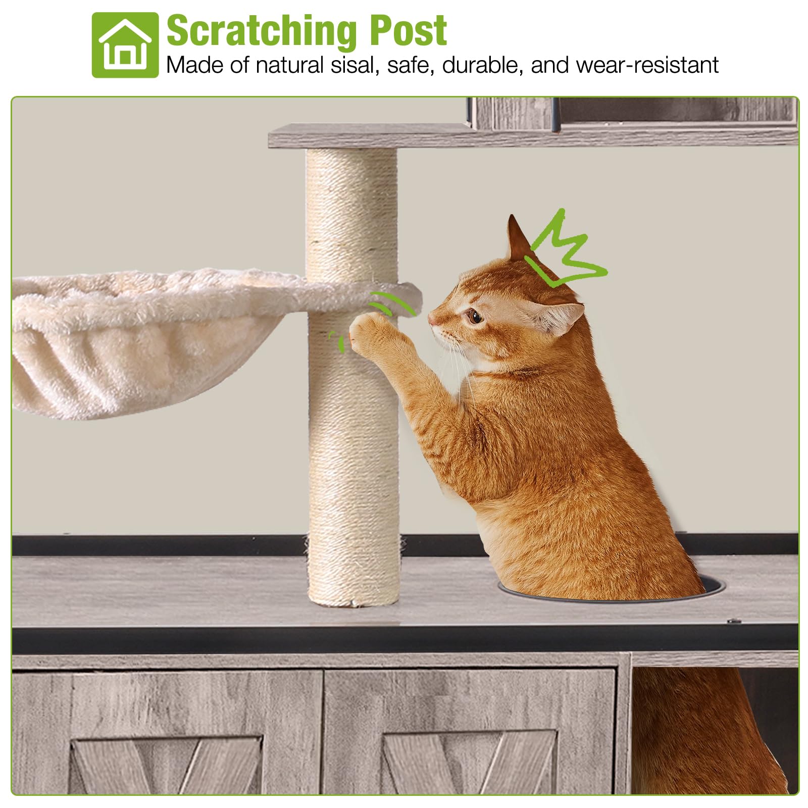 Gutinneen Cat Litter Box Enclosure Cat Tree With Hidden Litter Box, Scratching Post, Hammock, And Mat, 57.5 Inch (Nature)
