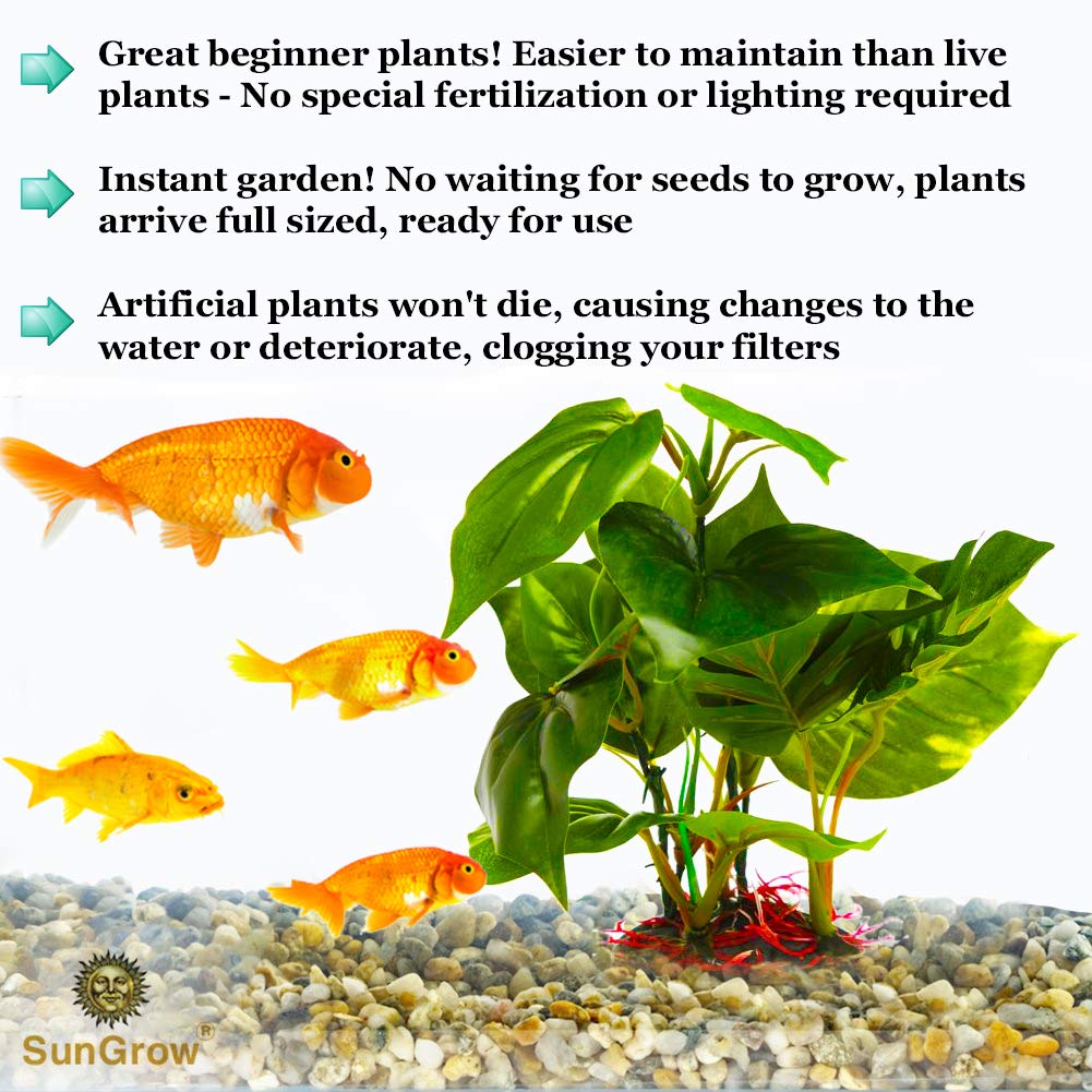 SunGrow Plastic Leaf Plant, Heavy-Duty Ceramic Base, Hiding Spot for Fish, Betta, Angelfish, Gold Fish, Frog, Python, Reptiles,