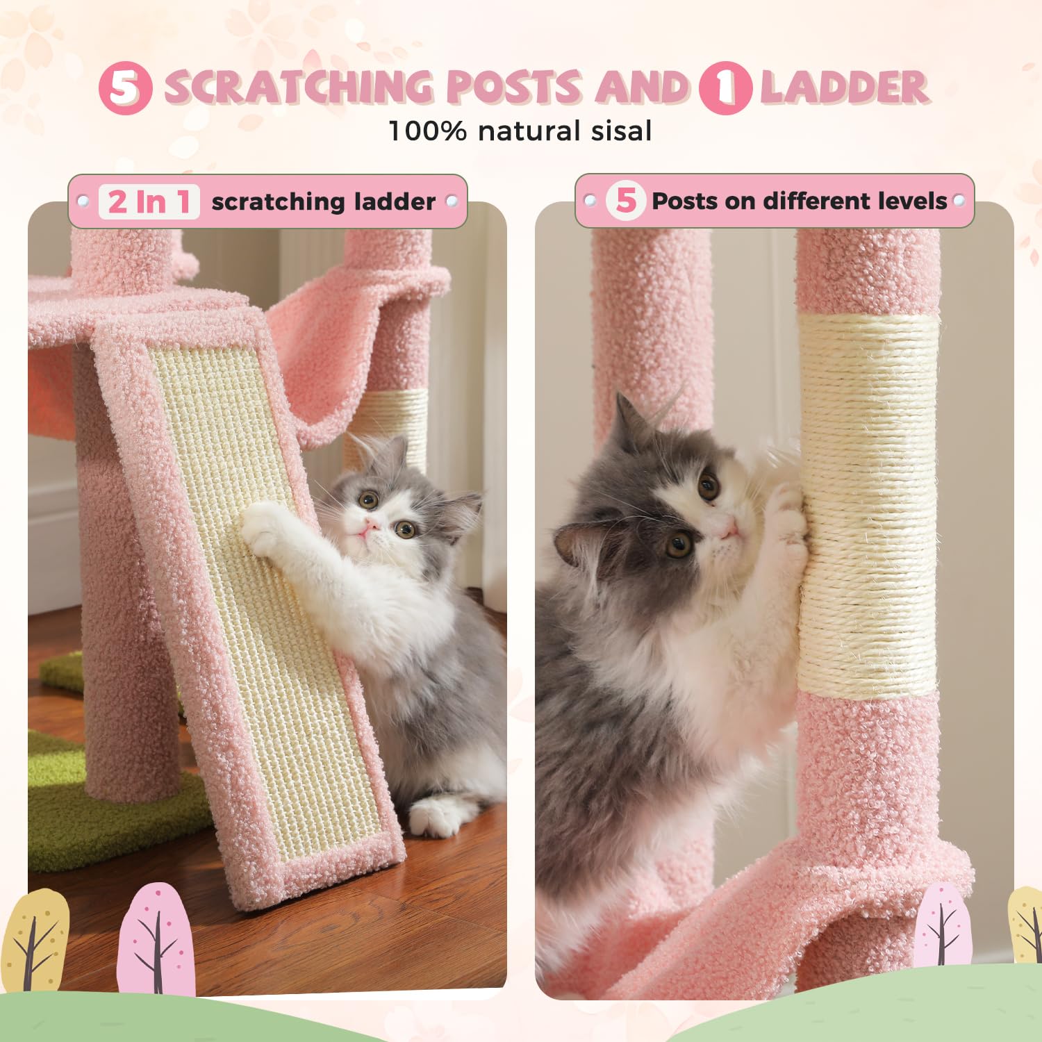 Pawz Road Pink Cat Tree, Floor To Ceiling Cat Tower With Adjustable Height(85-112 Inches), 7 Tiers Climbing Activity Center With