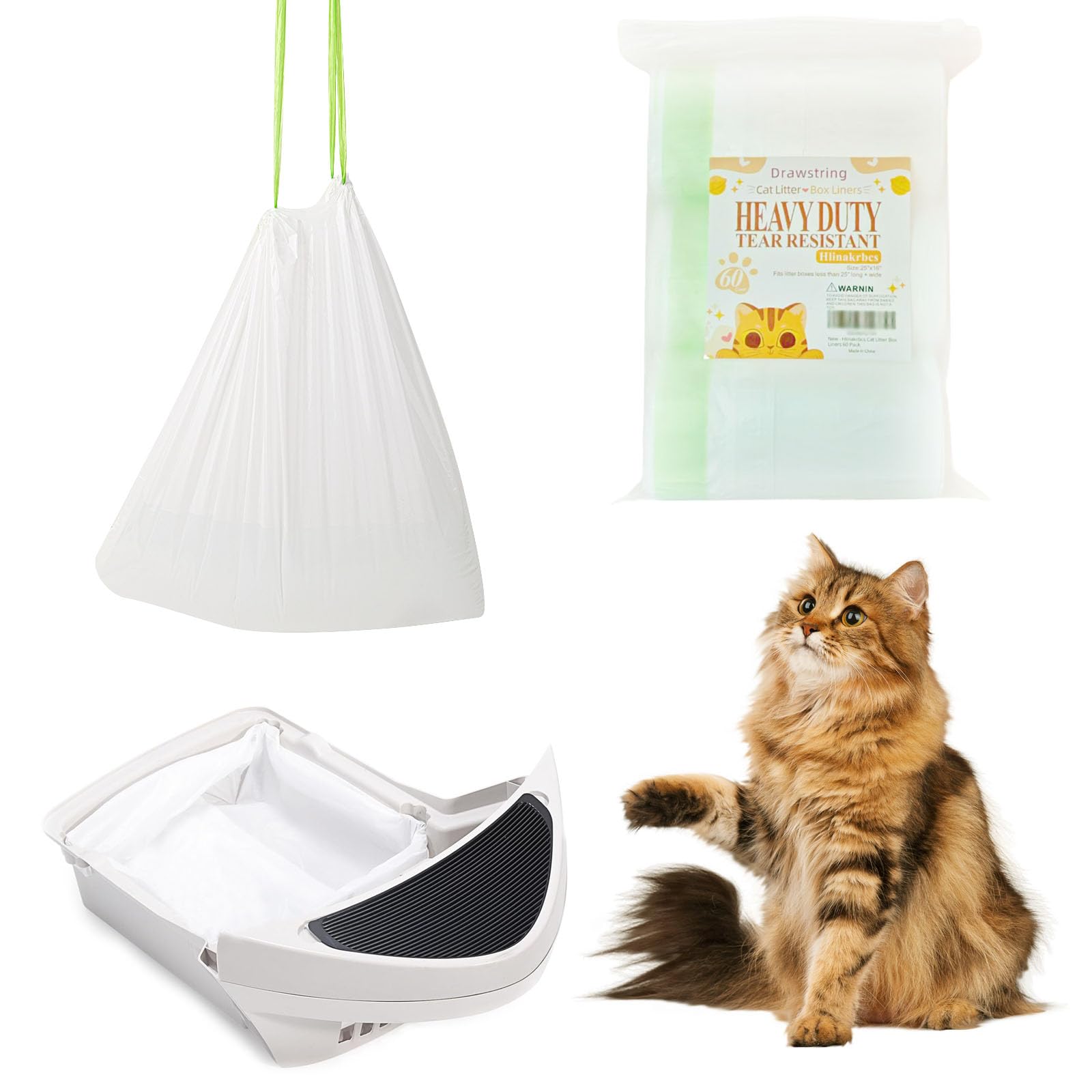 Hlinakrbcs Litter Box Waste Bags For Robot 4 And 3, 60 Pack Drawstring Self Cleaning Cat Litter Box Liners, Extra Thick Waste Dr