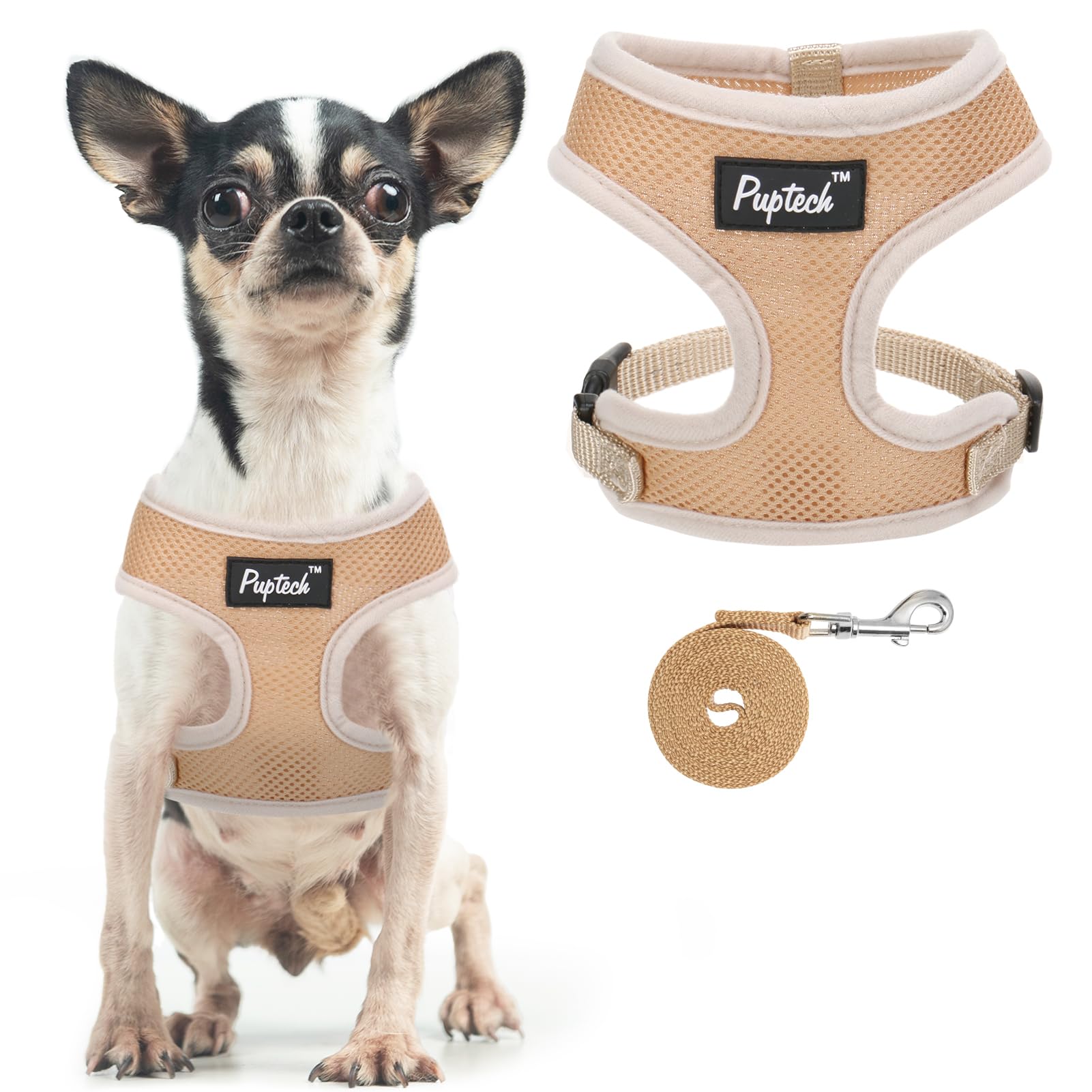 Pupteck Soft Mesh Dog Harness And Leash Set Pet Puppy Cat Comfort Padded Vest No Pull Harnesses, Solid Beige, Xs