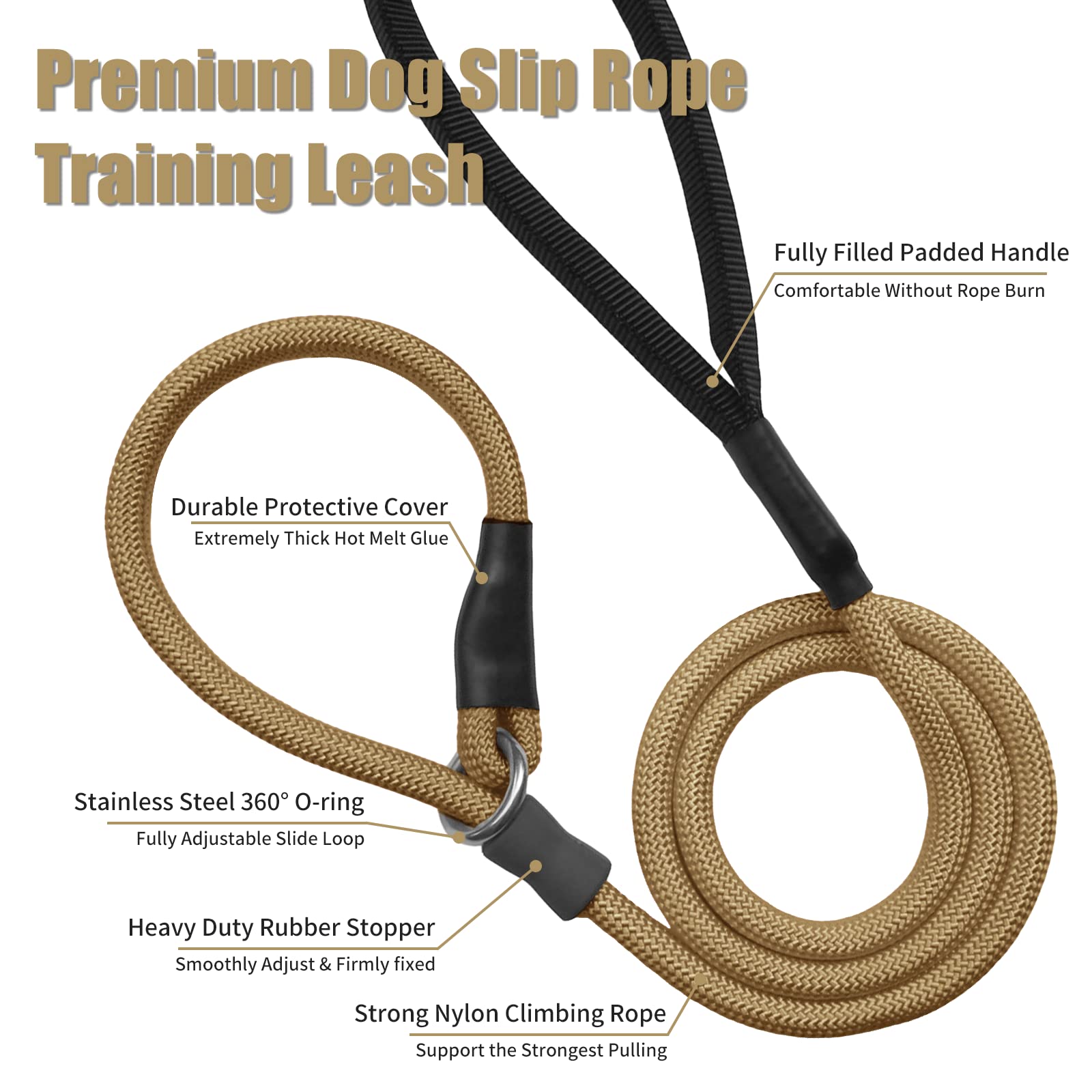 Strong Slip Rope Dog Training Leash (4Ft) - Heavy Duty Durable Braided Nylon Lead With Rubber Stopper & Padded Handle - No Pull