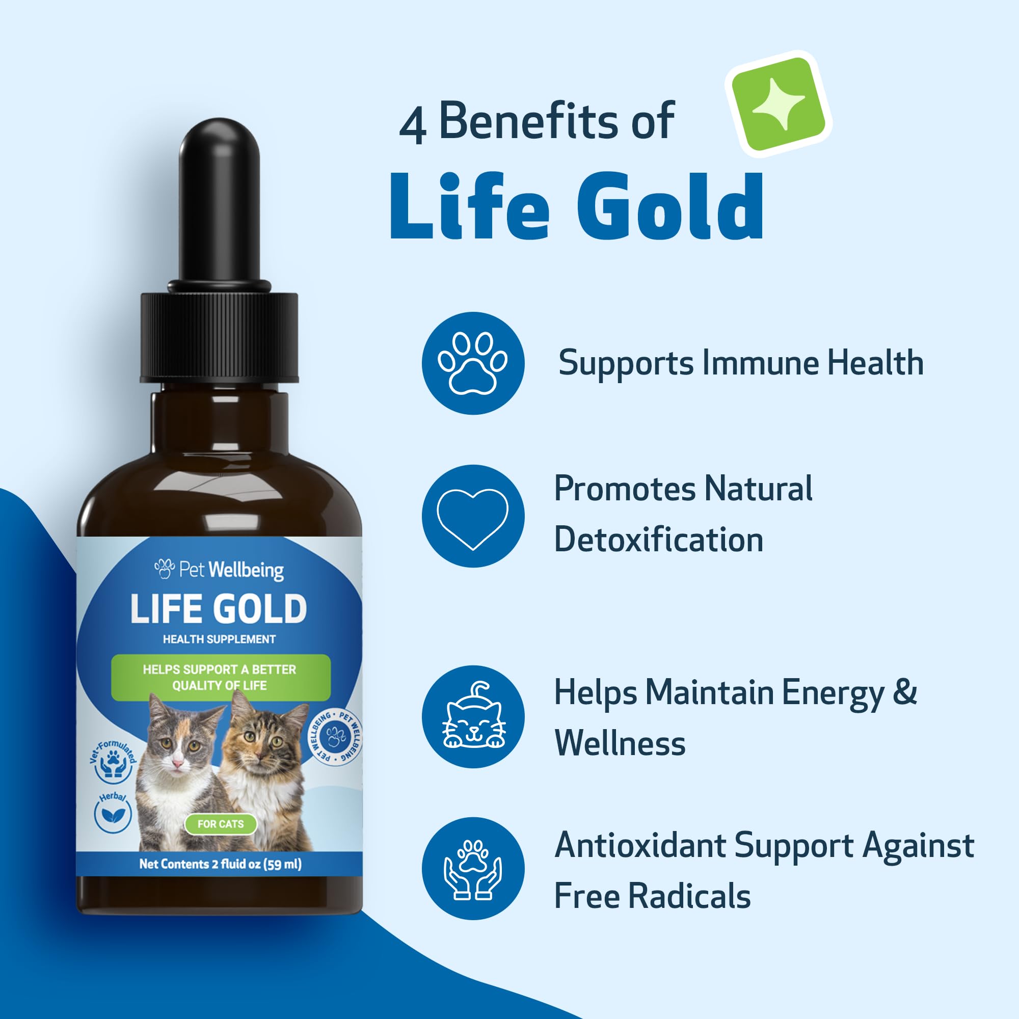 Pet Wellbeing Life Gold for Cats - Supports Detoxification & Healthy Immune Defenses, Astragalus, Burdock, Sheep Sorrel - Vet-Fo