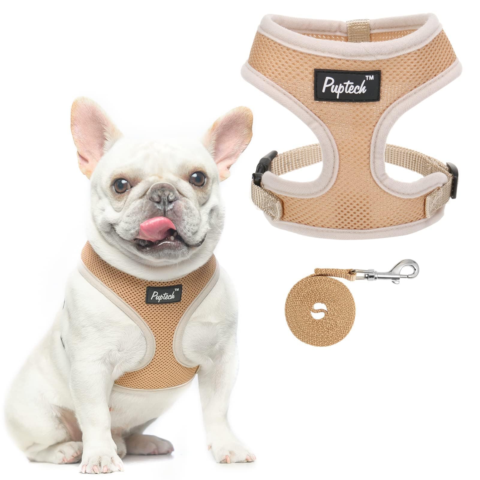 Pupteck Soft Mesh Dog Harness And Leash Set Pet Puppy Cat Comfort Padded Vest No Pull Harnesses, Solid Beige, L