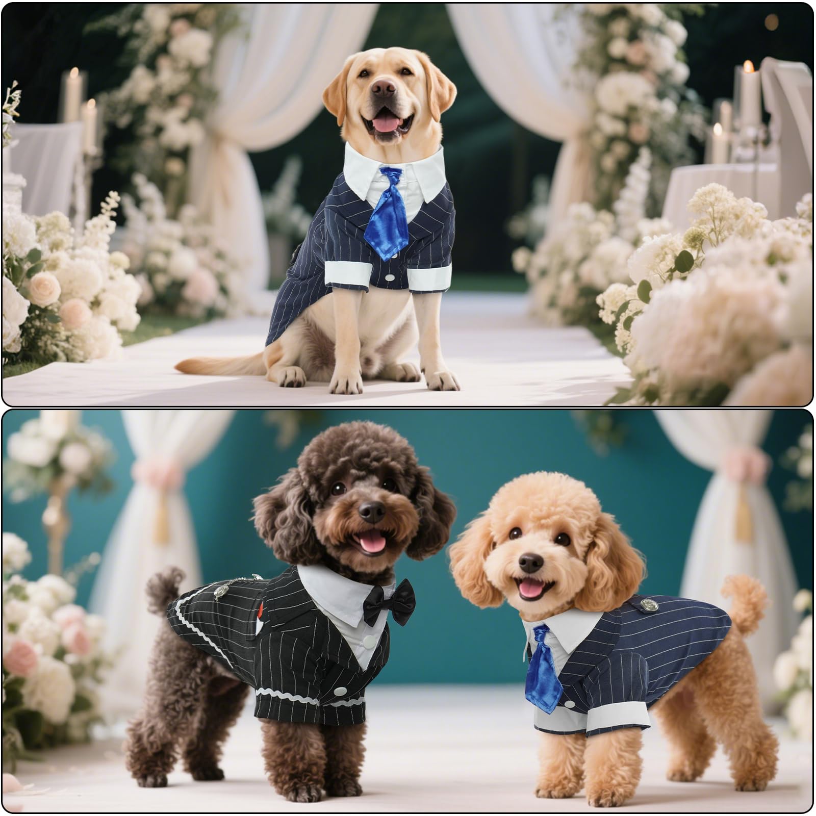 Dentrun Navy Blue Dog Tuxedo - Formal Pinstripe Pet Suit Shirt With Satin Tie, Elegant Wedding Outfit Birthday Party Attire For