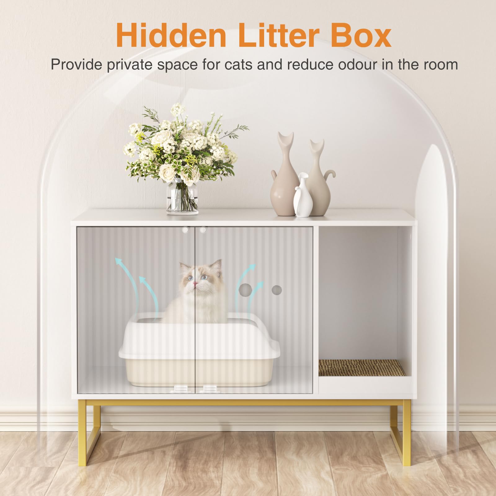 Cat Litter Box Enclosure, Fluted Hidden Litter Box Furniture With Scratch Pad And Metal Legs, Modern Enclosed Cat Cabinet, 31.5