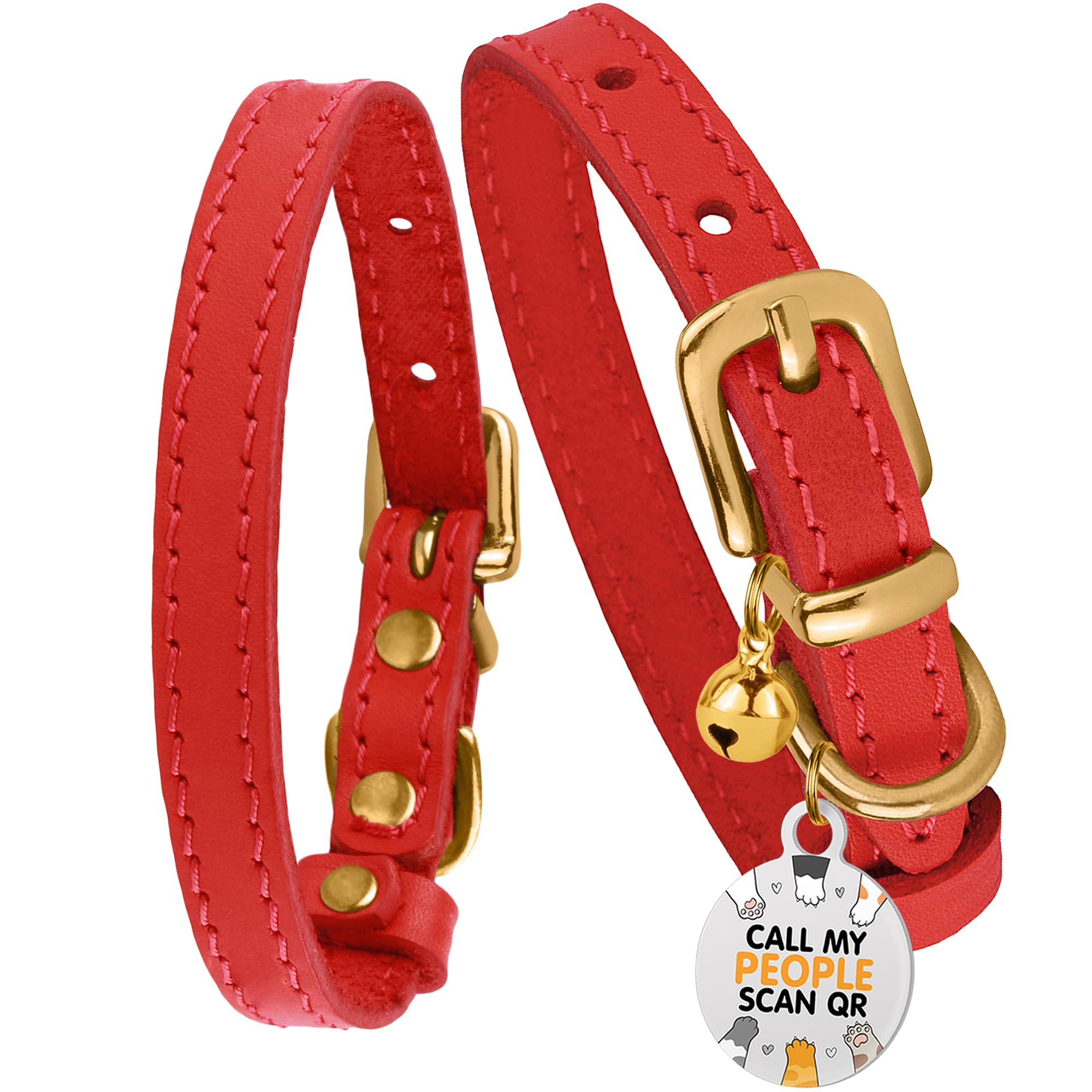 Bronzedog Leather Cat Collar With Bell Non Breakaway Kitten Qr Tag For Girl Boy (9' - 11' Cats/Mini Dogs, Red & Gold)