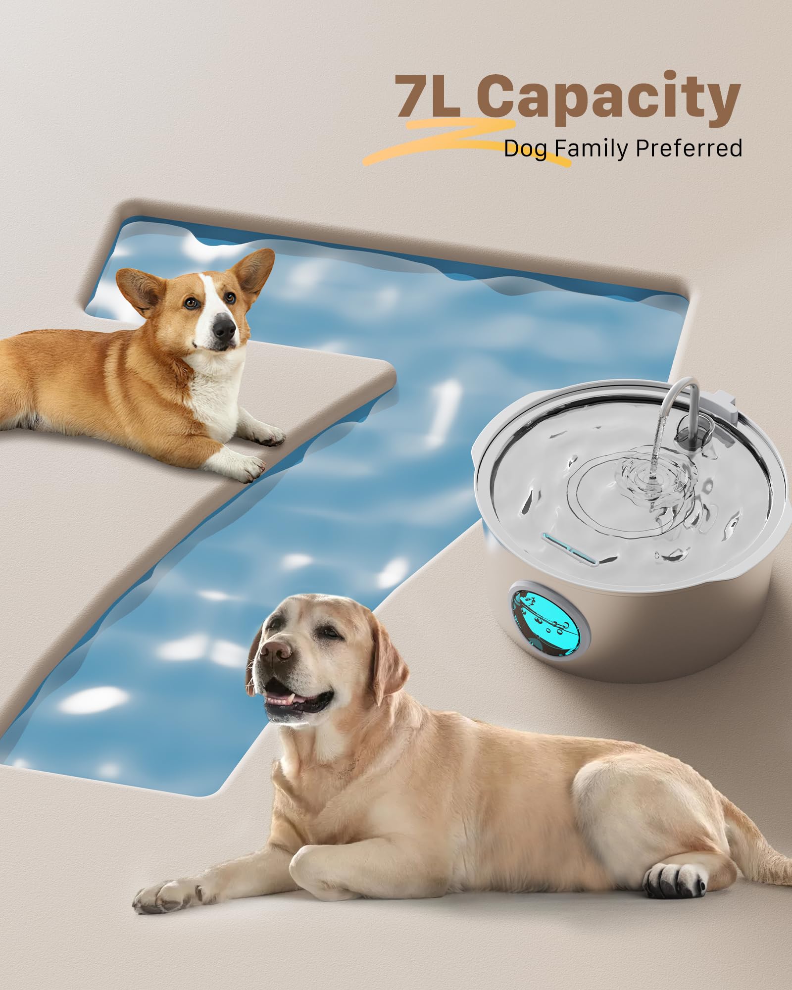 Dog Water Fountain for Large Dogs: Big Cat Water Fountain Stainless Steel -1.8Gal/7L Big Quiet Cats Water Bowl Dispenser- Pet Wa