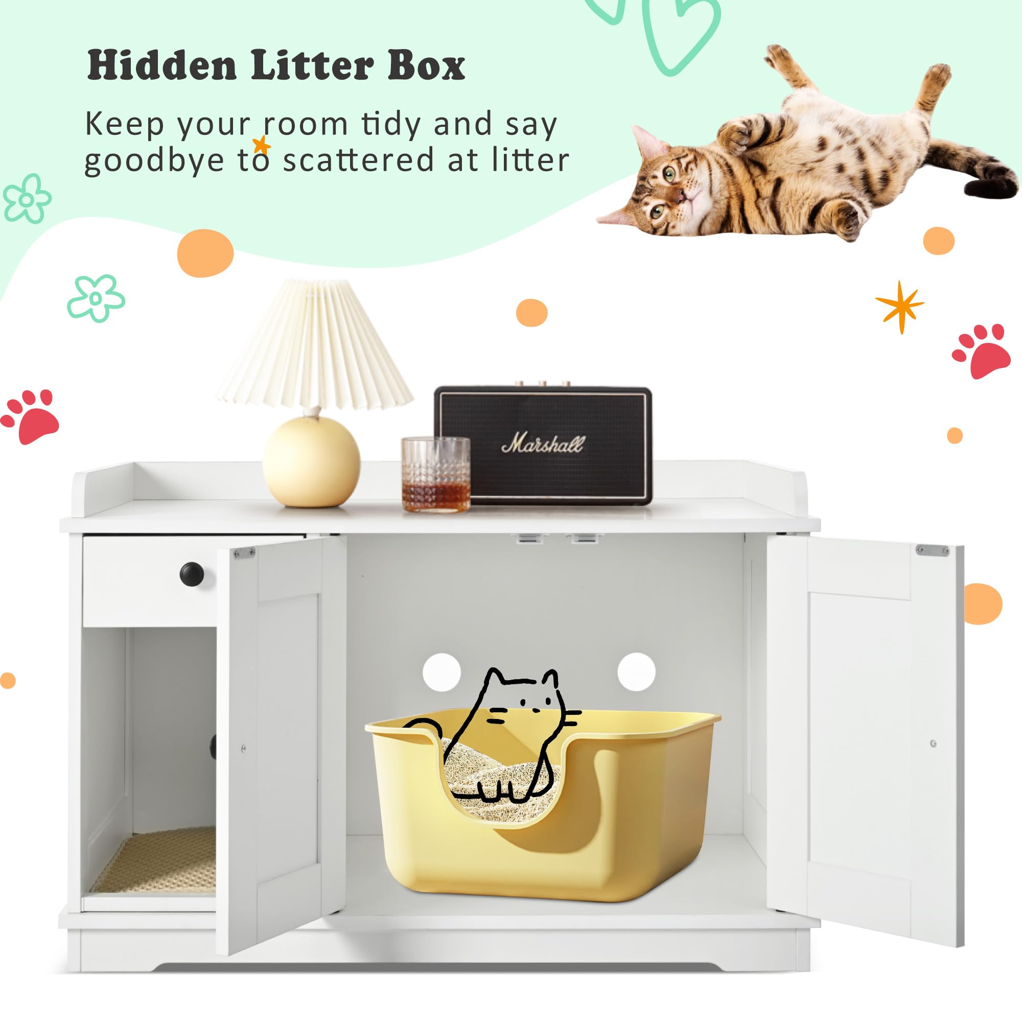 Merax Farmhouse Hidden Cat Litter Box Enclosure with Barn Door & Mat, Wooden Cat Washroom Furniture with Litter Box,Cat House wi