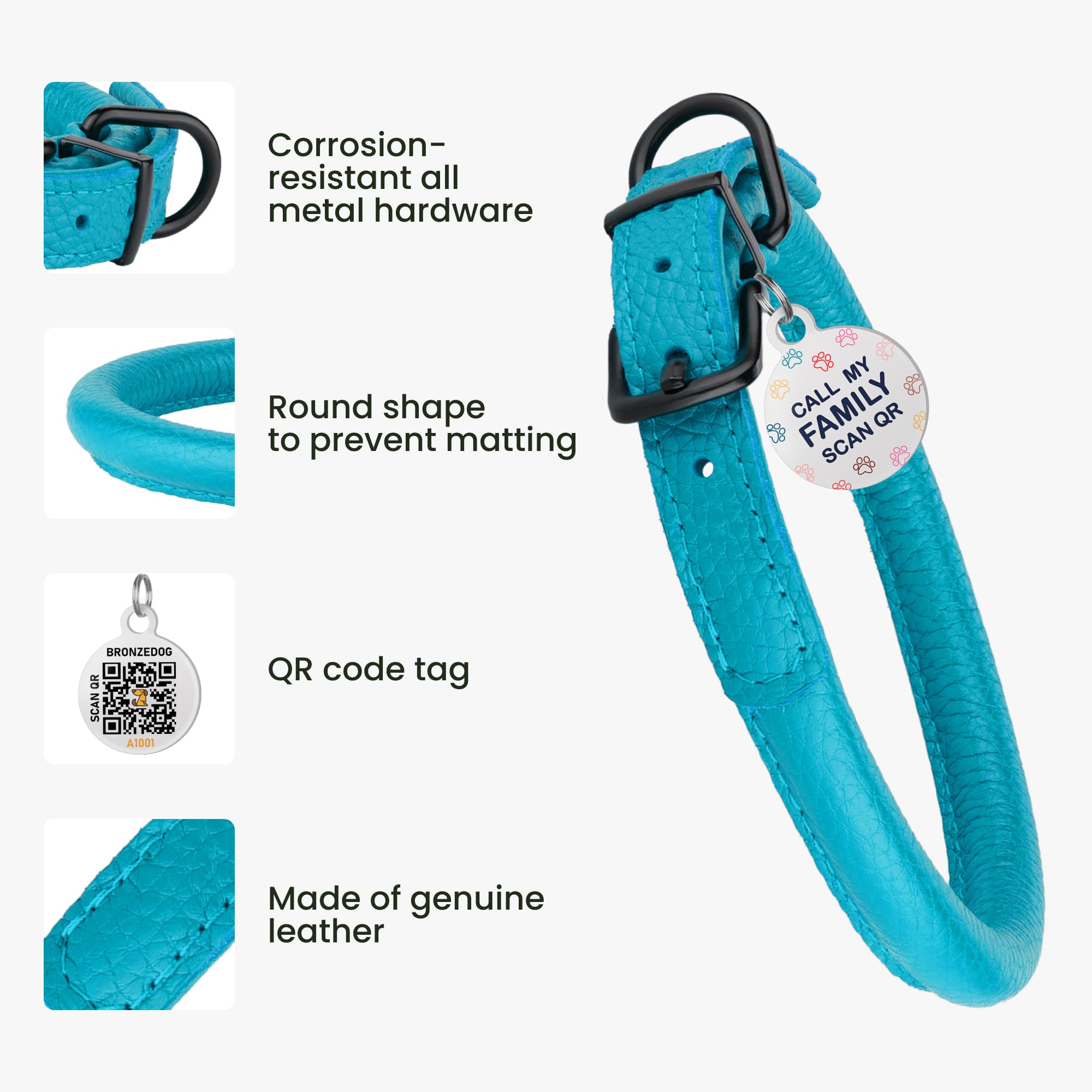Rolled Leather Dog Collar Soft Round Collars, Id Tag For Small Medium Large Dogs (9-12 Inch, Aqua Blue)