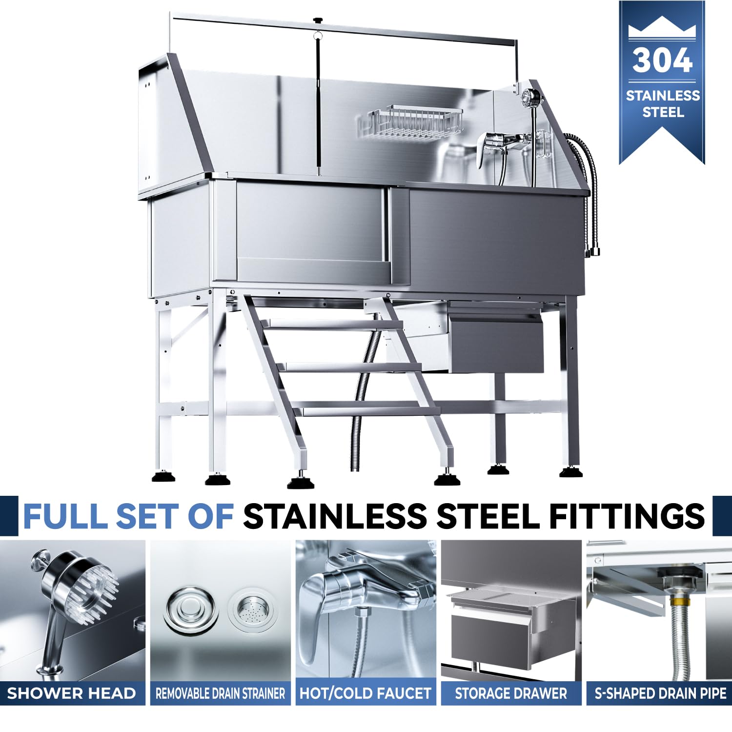 Dytrend Dog Washing Station For Home, Professional 46'' Stainless Steel Dog Bathing Station, Height Adjustable Dog Grooming Tub