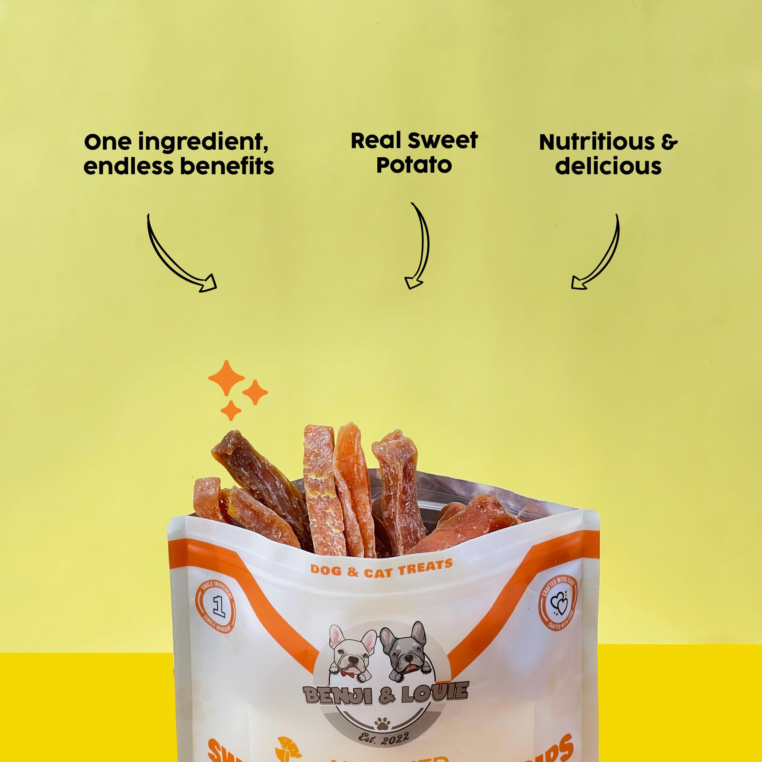 Benji & Louie Air Dried Sweet Potato - Natural Healthy Dog and Cat Treats, Single Ingredient, 6 oz