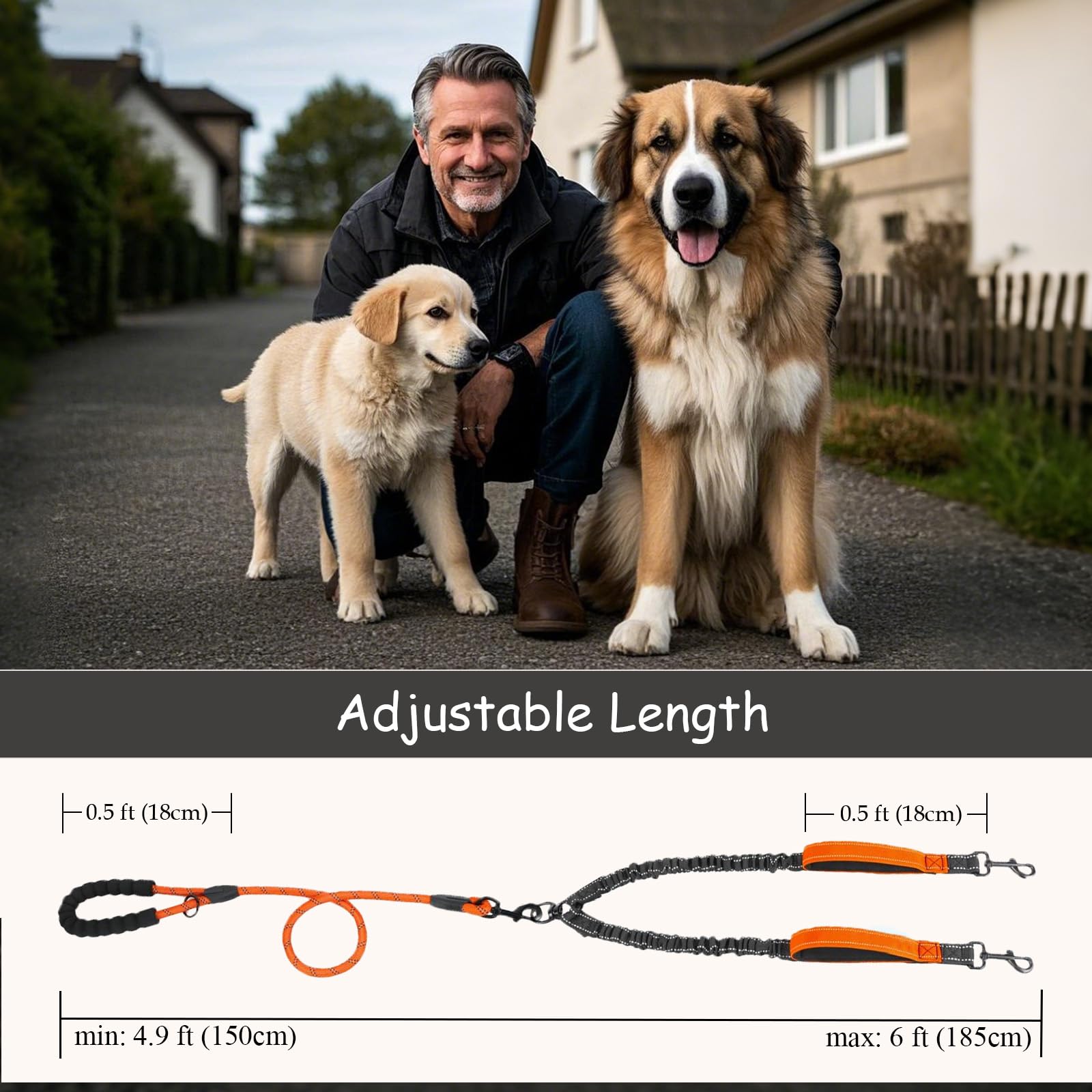 Leosasa Double Dogs Leash - Removable Main Lead Rope With Splitter, No Tangle 2 Dog Coupler, Reflective No Pull Bungee, 3 Handle