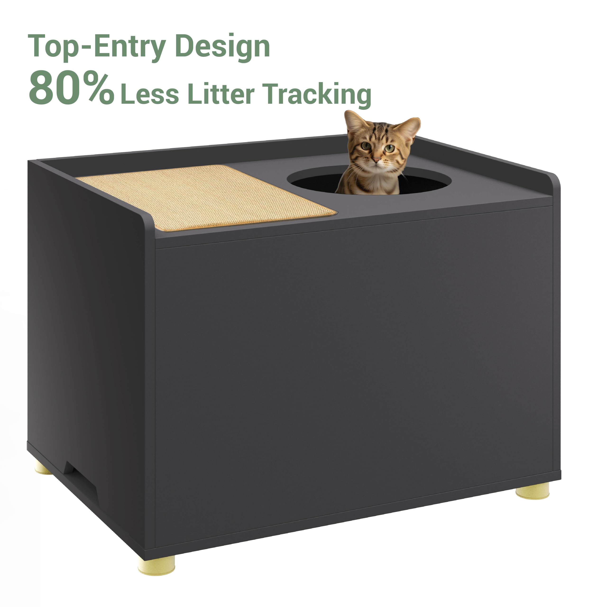 Amunrbrek Top Entry Litter Box Enclosure, Modern Flip Top Litter Box Furniture with Cat Scratch Mat, Side Table (Black)