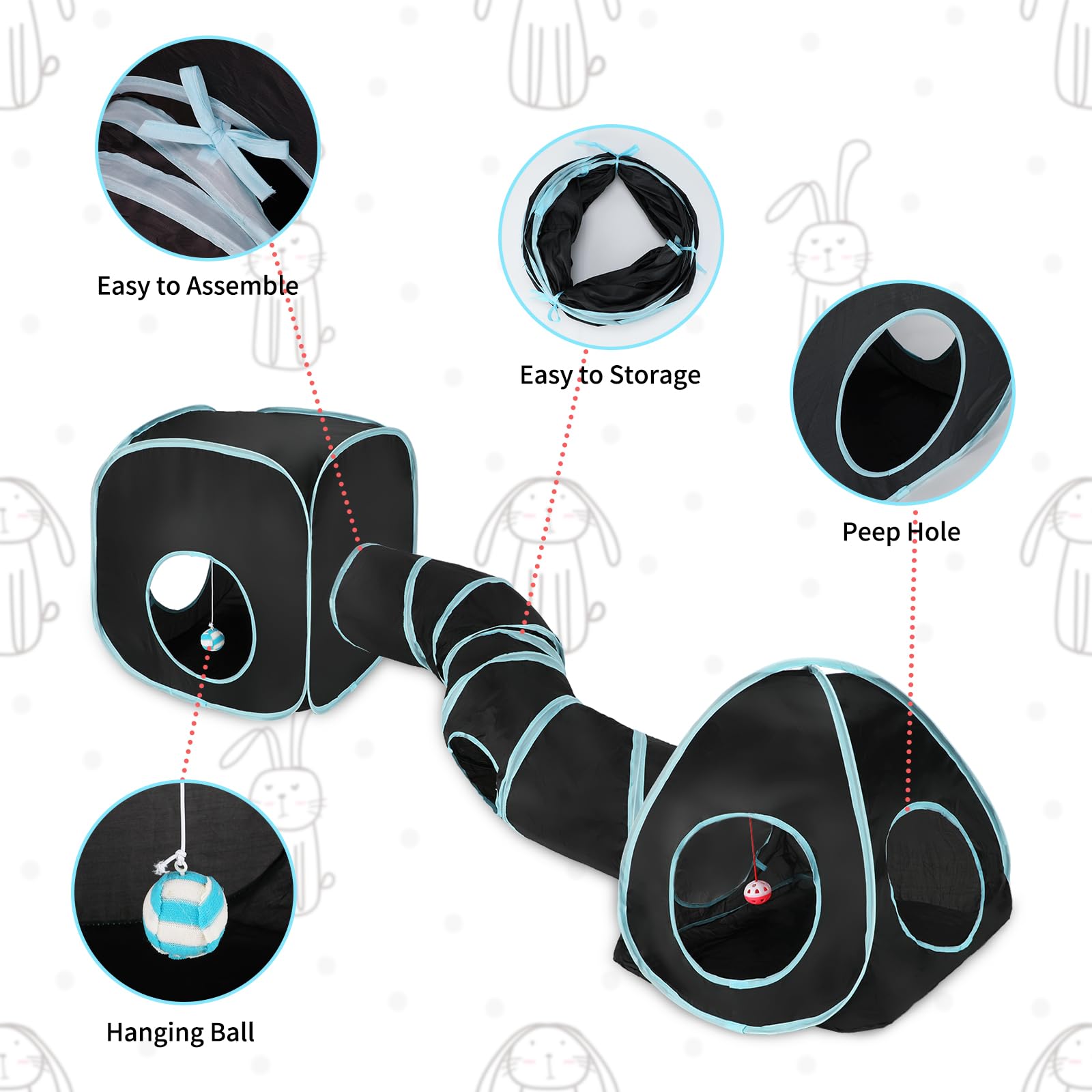 YUEPET Large Rabbit Tunnel and Cube - Collapsible Interactive Crinkle Toy for Dwarf Bunny & Guinea Pig, Black Blue