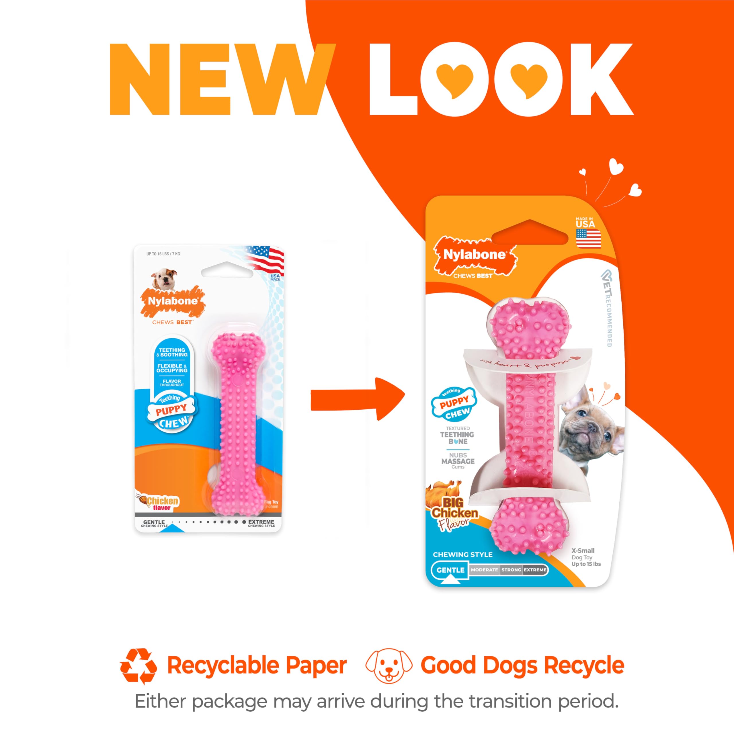 Nylabone Textured Teething Bone Chew Toy For Puppies, Puppy Chewing Toys, Pink, Chicken Flavor, X-Small - Up To 15 Ibs, 1 Count