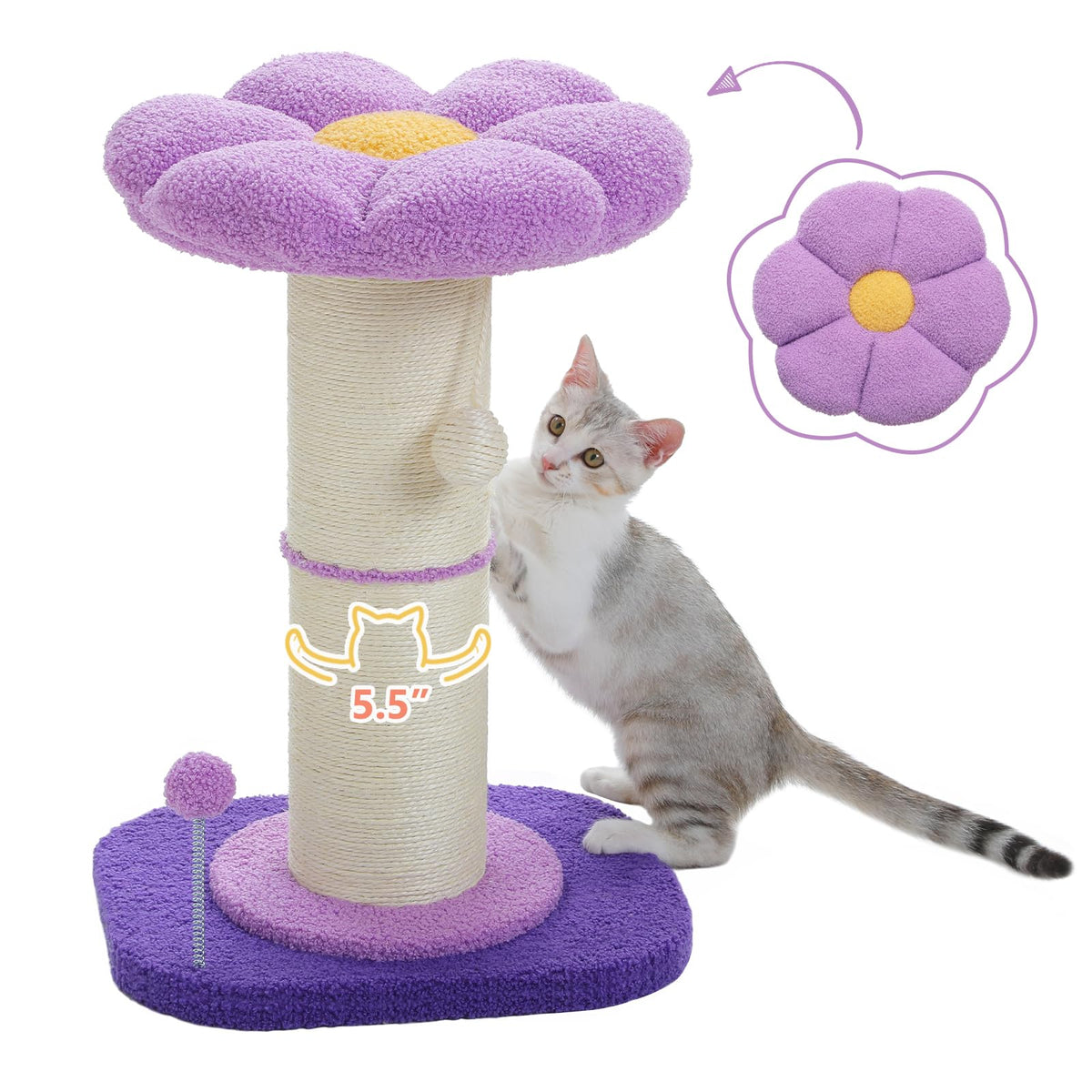 Pequlti Flower Cat Scratching Post, Small Tree, Tall Scratcher For Indoor Cats With Super Thick Post [Dia=5.5''], Removable Flow