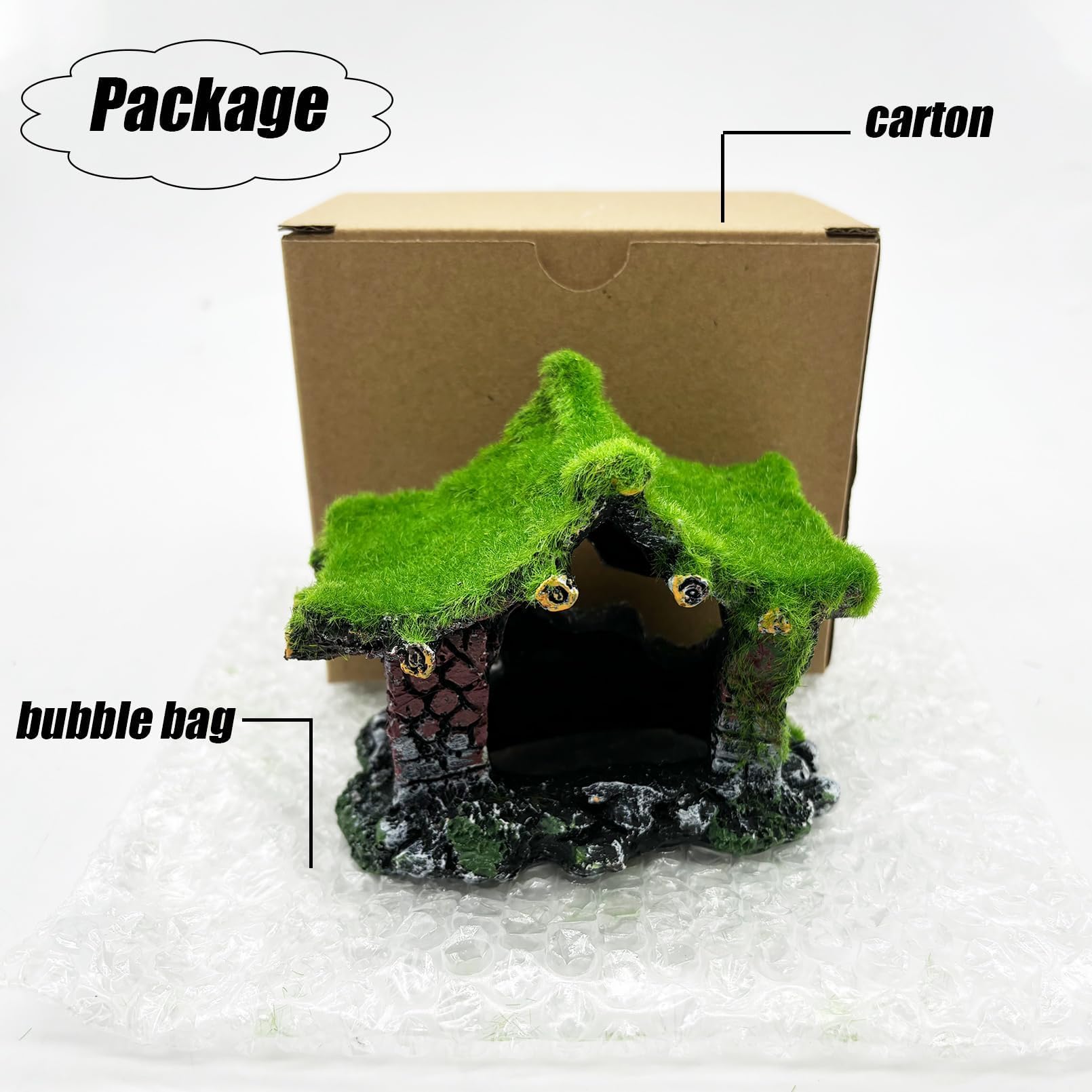 Aquarium Decoration House Resin Hollow Hideout House, Betta Fish Hide Accessories Cave Ornament Tank Small Fish Hideaway With Moss