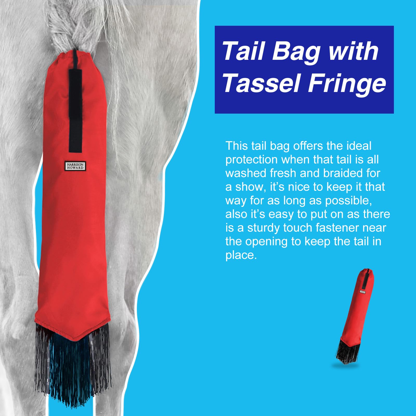 Harrison Howard Smooth Lightweight Adjustable Fastener Nylon Horse Tail Bag With Fringe-Scarlet Red