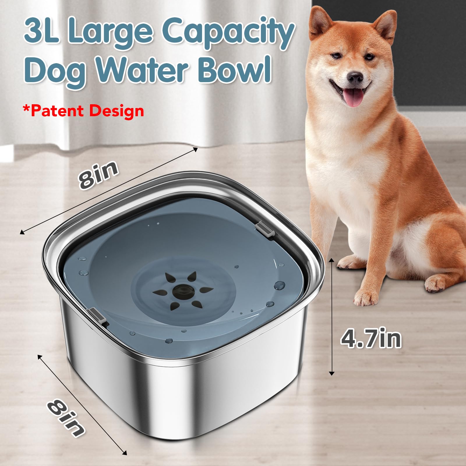 Upsky 3L Stainless Steel Dog Bowl - 101Oz No Spill Slow Water Feeder, Spill Proof Travel Bowl